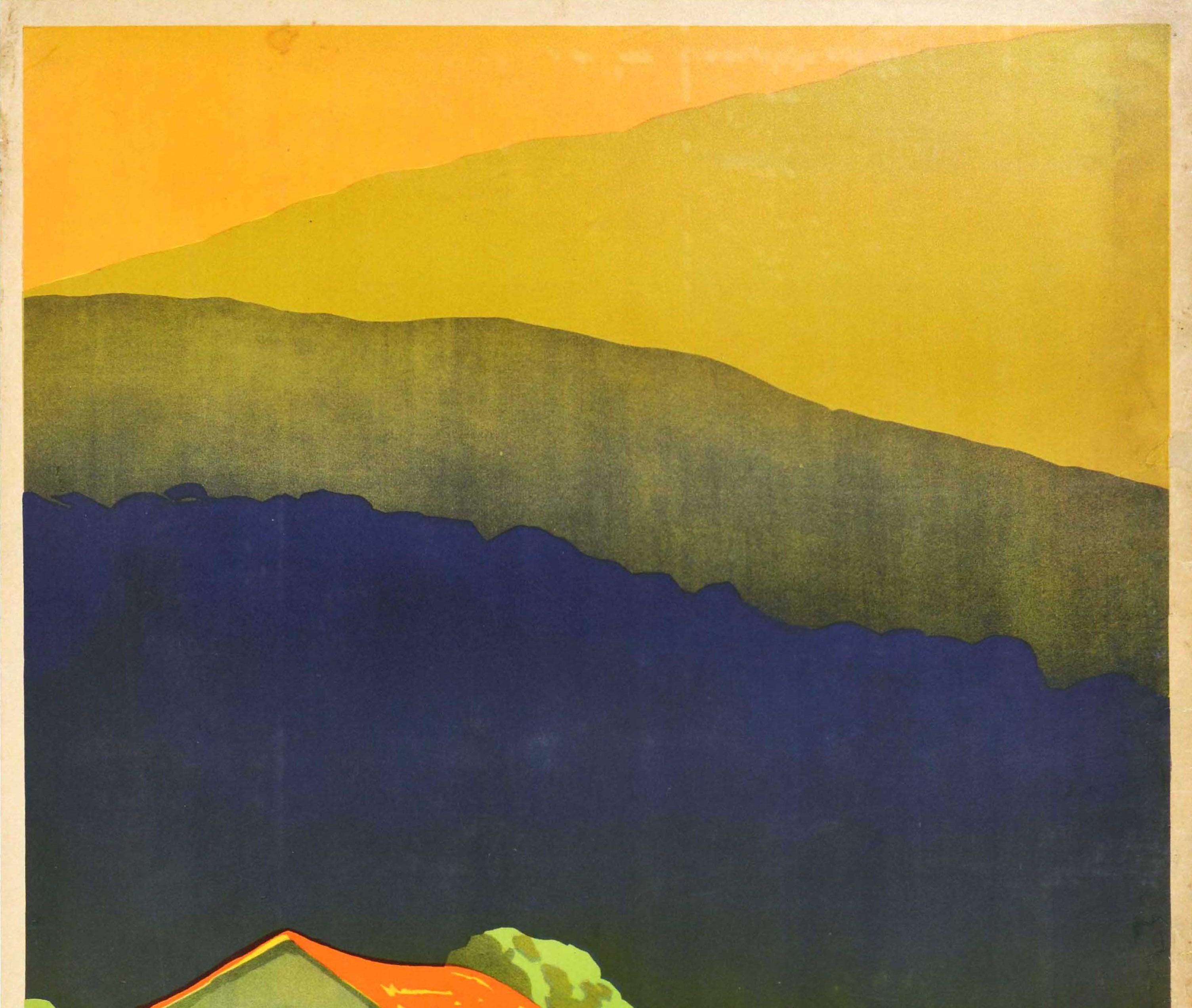 Original vintage South America travel poster - Cordoba is better in winter / Cordoba es mejor en invierno. Colourful design featuring a man on a horse riding along a countryside trail towards a house below the hills and mountains of the Valle De