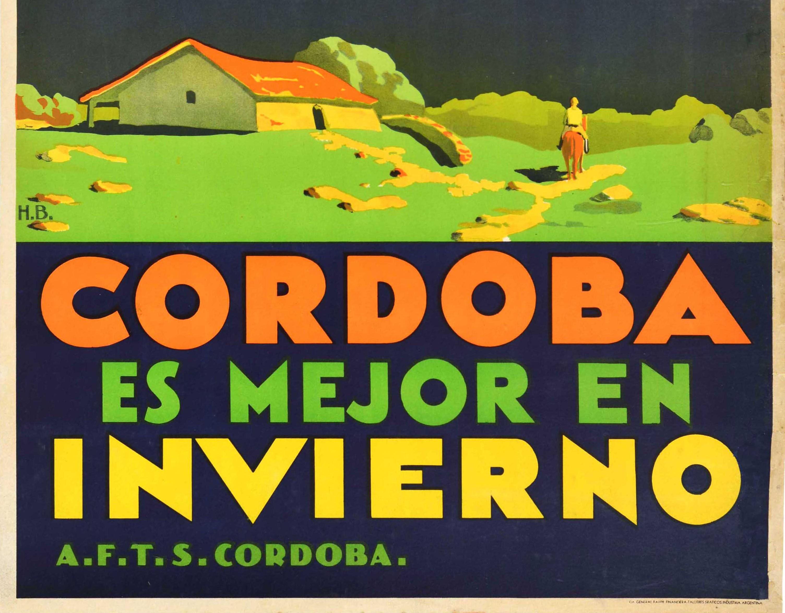Argentine Original Vintage Poster Cordoba Argentina Sierras Chicas Hills Winter Travel Art For Sale