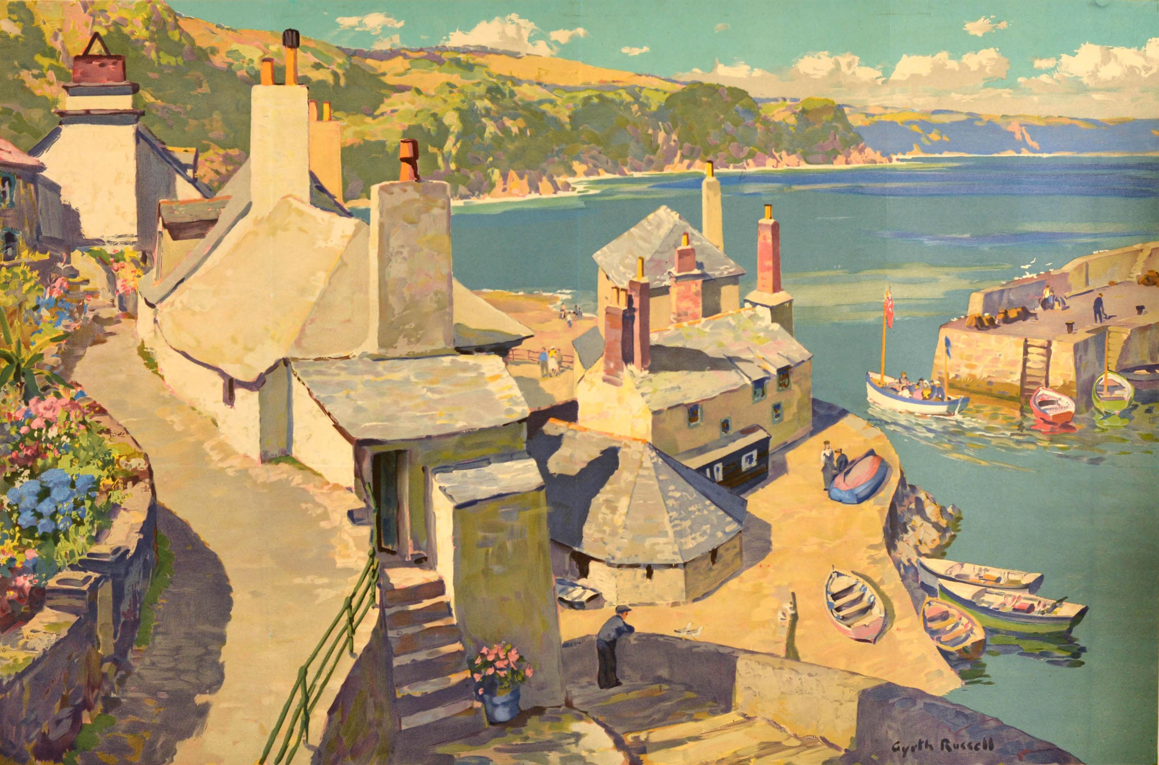 Original vintage British Railways travel poster for Cornwall See Britain by Train featuring a painting by Gyrth Russell (1892-1970) depicting a scenic view over the Cornish fishing village at Polperro harbour with buildings lining the shore, flowers