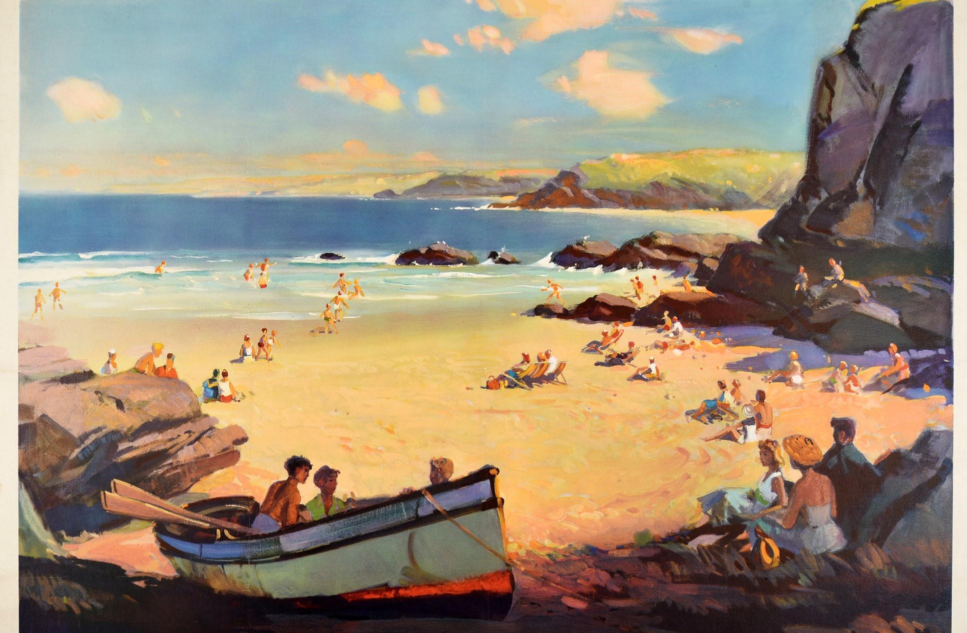 Original vintage travel poster for Cornwall issued by British Railways - Travel By Train - featuring a great illustration of families and tourists relaxing on a sandy beach in a rocky cove with children playing in a rowing boat in the foreground,