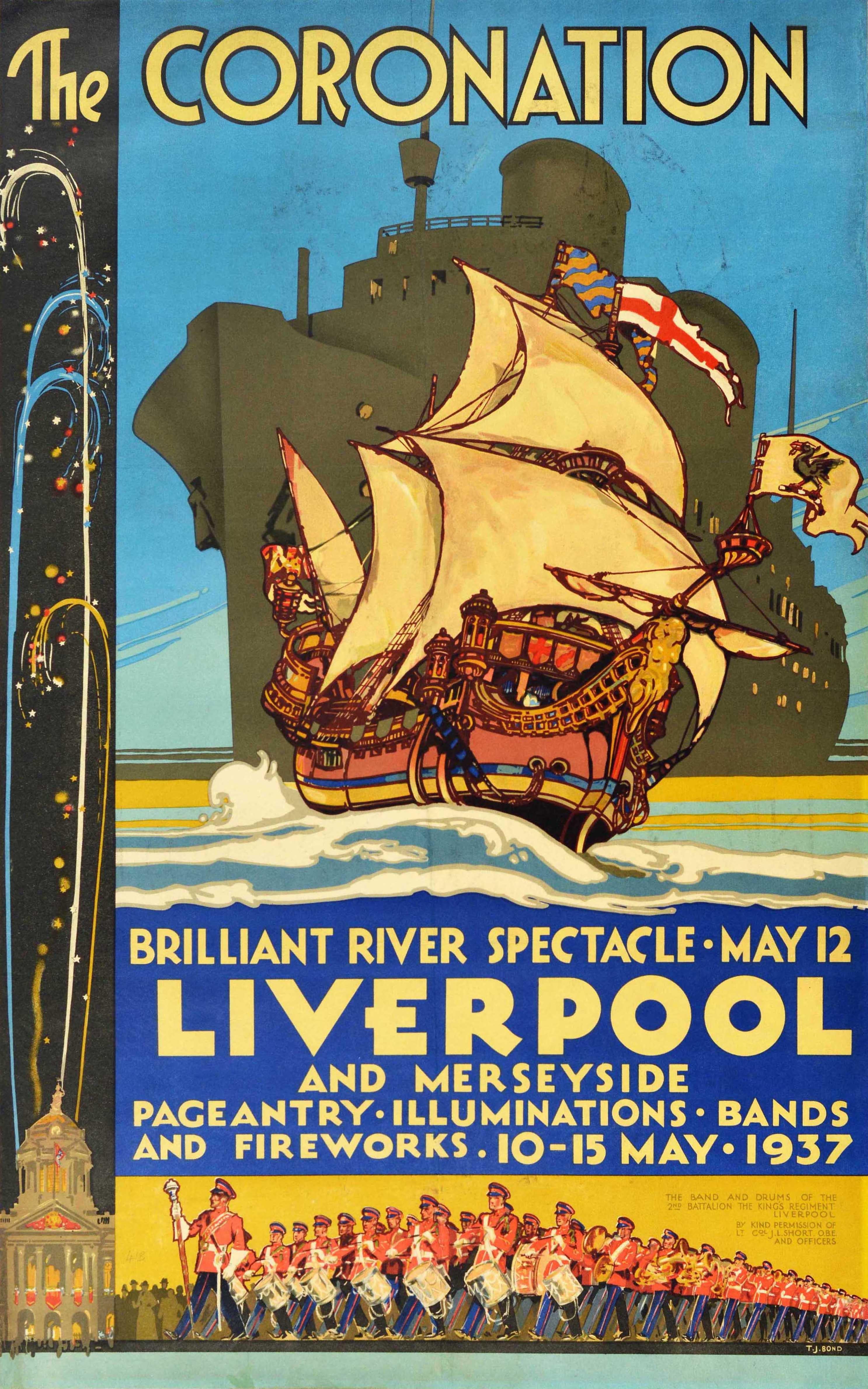 Original vintage poster for the celebrations in Liverpool of the coronation of King George VI and Elizabeth that took place at Westminster Abbey London on 12 May 1937. Colourful design depicting an historic tall ship in full sail in front of a