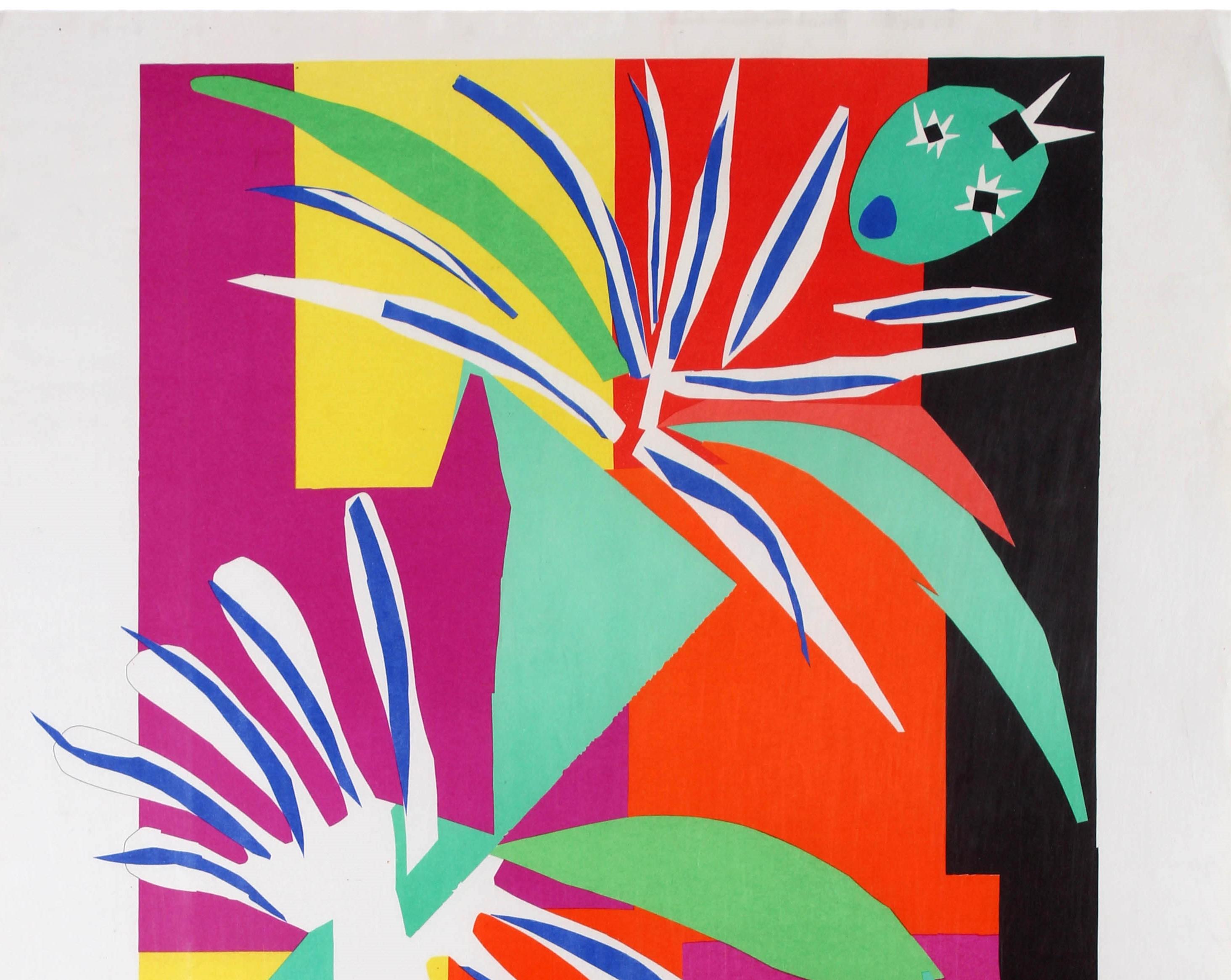 Affiche publicitaire originale publiée par et pour le gouvernement français et le Comité général du tourisme afin de promouvoir la ville de Nice sur la Côte d'Azur et le Musée Matisse (ouvert en 1963). Elle présente une image colorée du célèbre