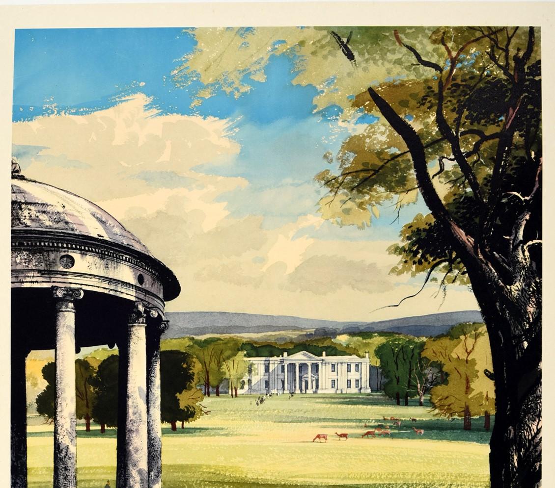 Original vintage travel poster - Country Houses In Britain - featuring great artwork by the notable British painter Rowland Hilder (1905-1933) depicting an idyllic scene of a grand countryside estate with people sitting under and walking by a