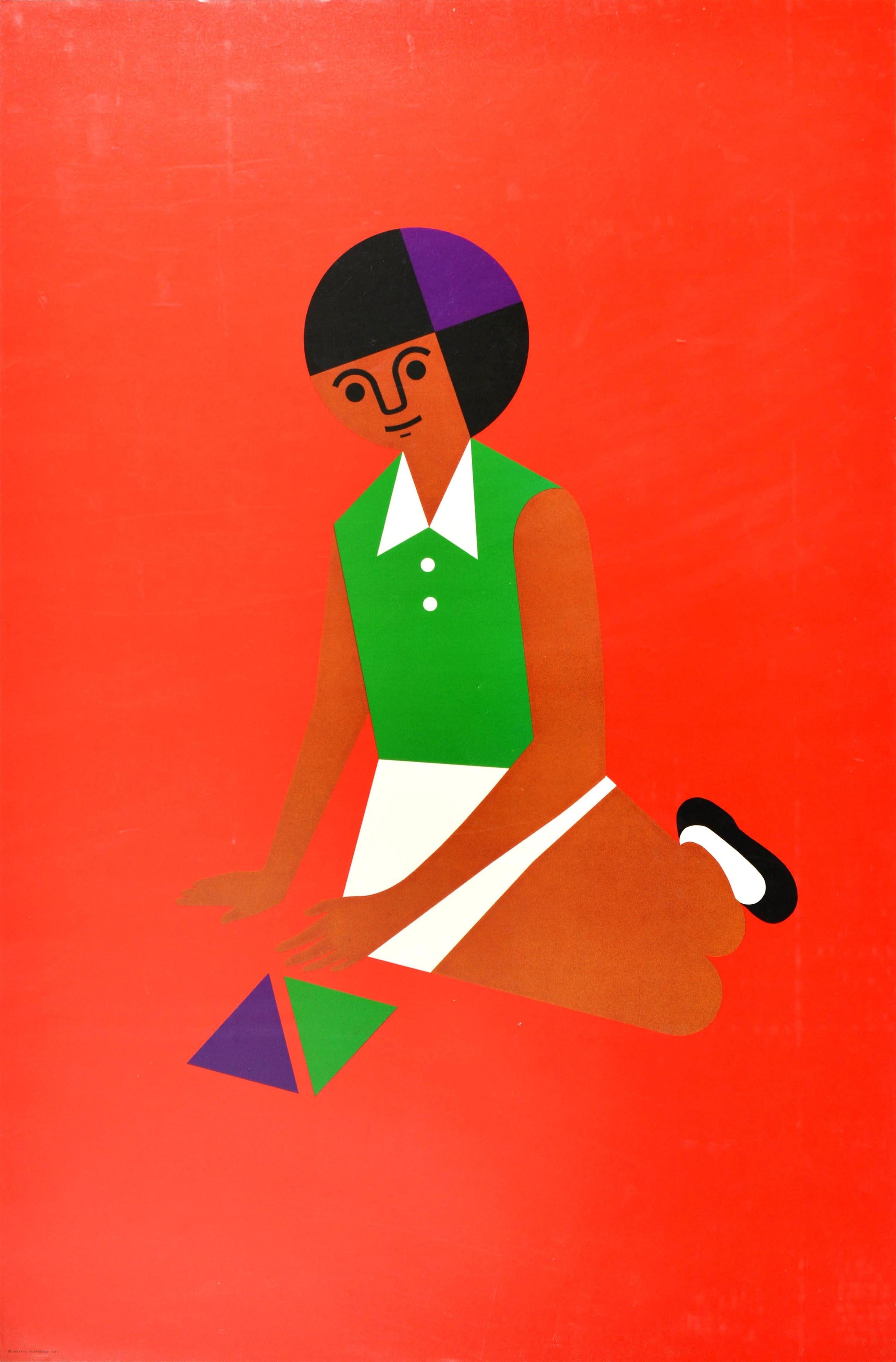 Original vintage advertising poster for the Creative Playthings educational toy shop in Manhattan New York featuring a fun and colourful graphic design by the South African toymaker and illustrator Fredun Shapur (b. 1929), showing a child dressed in