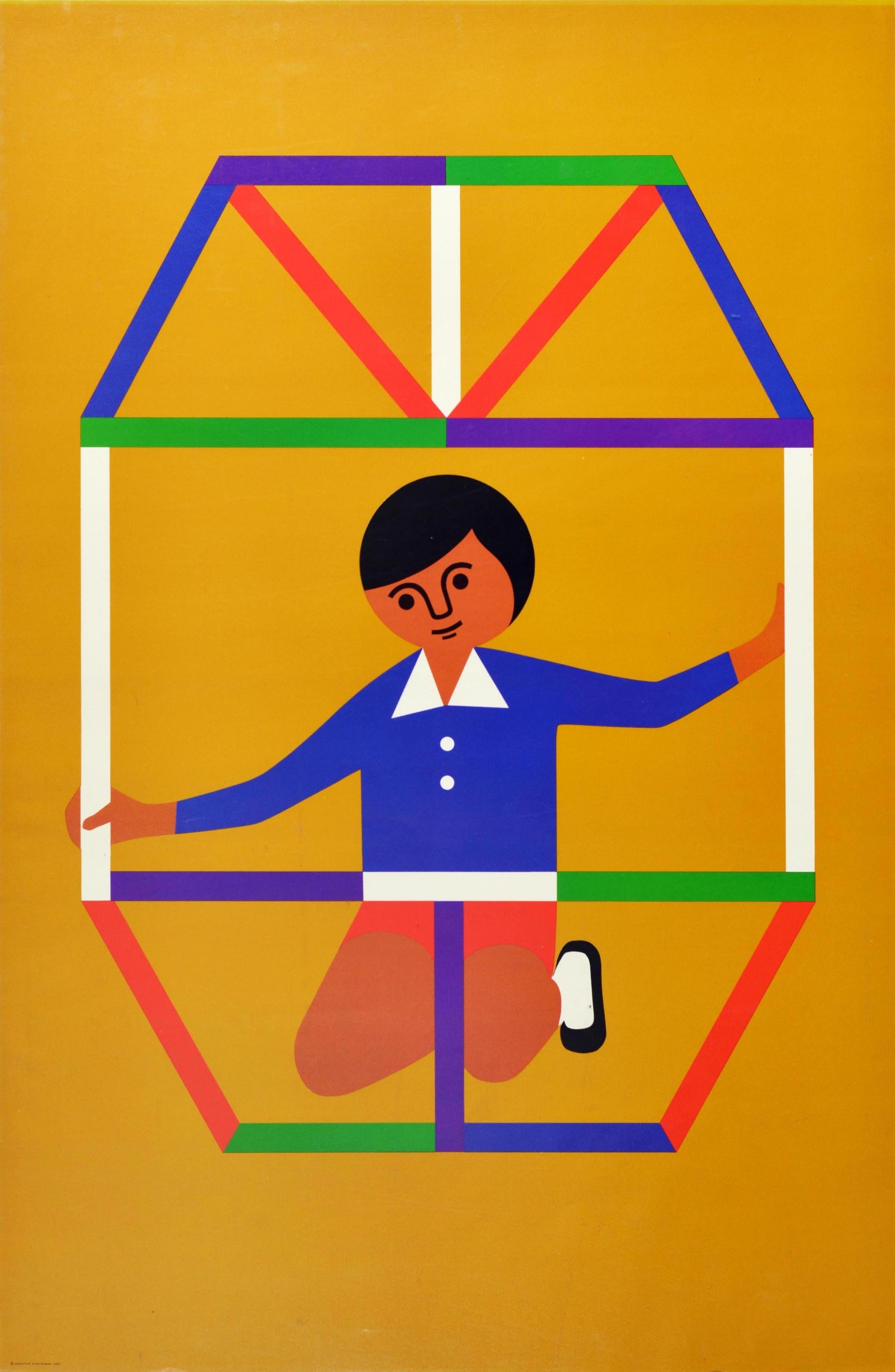 Original vintage advertising poster for the creative playthings educational toy shop in Manhattan New York featuring a fun and colourful graphic design by the South African toymaker and illustrator Fredun Shapur (b. 1929), showing a child in a blue