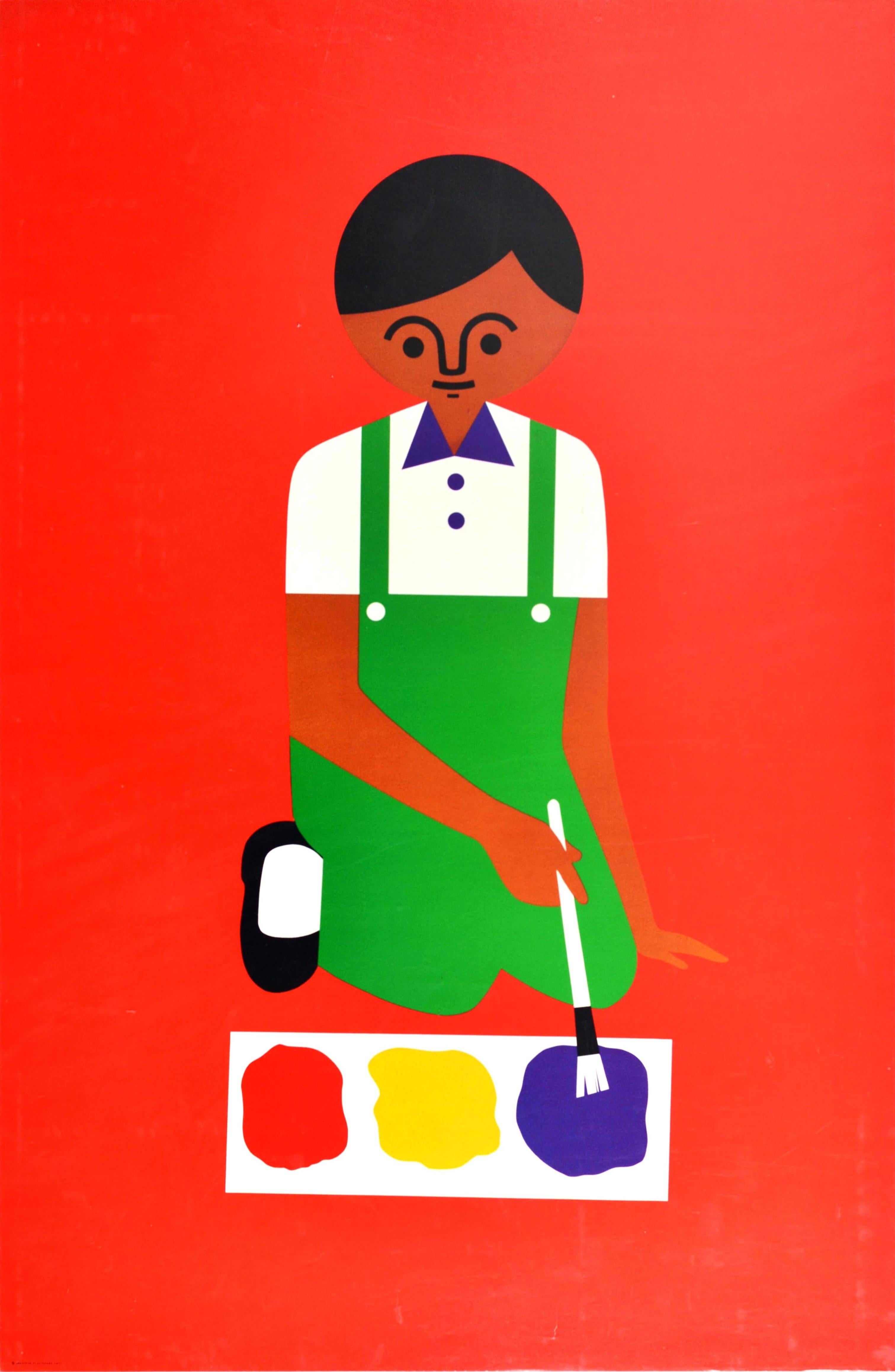 Original vintage advertising poster for the Creative Playthings educational toy shop in Manhattan New York featuring a fun and colourful graphic design by the South African toymaker and illustrator Fredun Shapur (b. 1929), showing a child in green