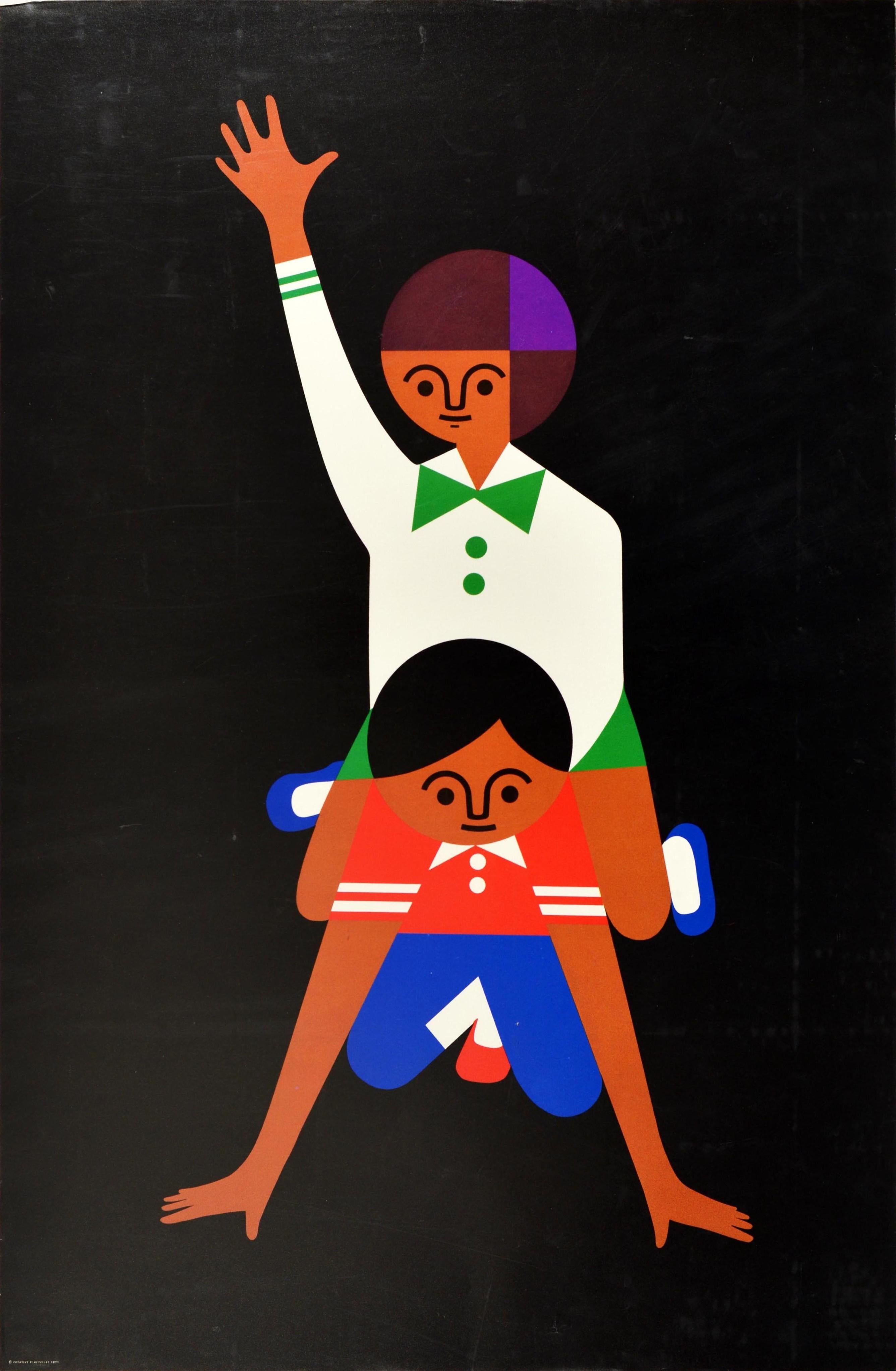 Original vintage advertising poster for the Creative Playthings educational toy shop in Manhattan New York featuring a fun and colourful graphic design by the South African toymaker and illustrator Fredun Shapur (b. 1929), showing two children