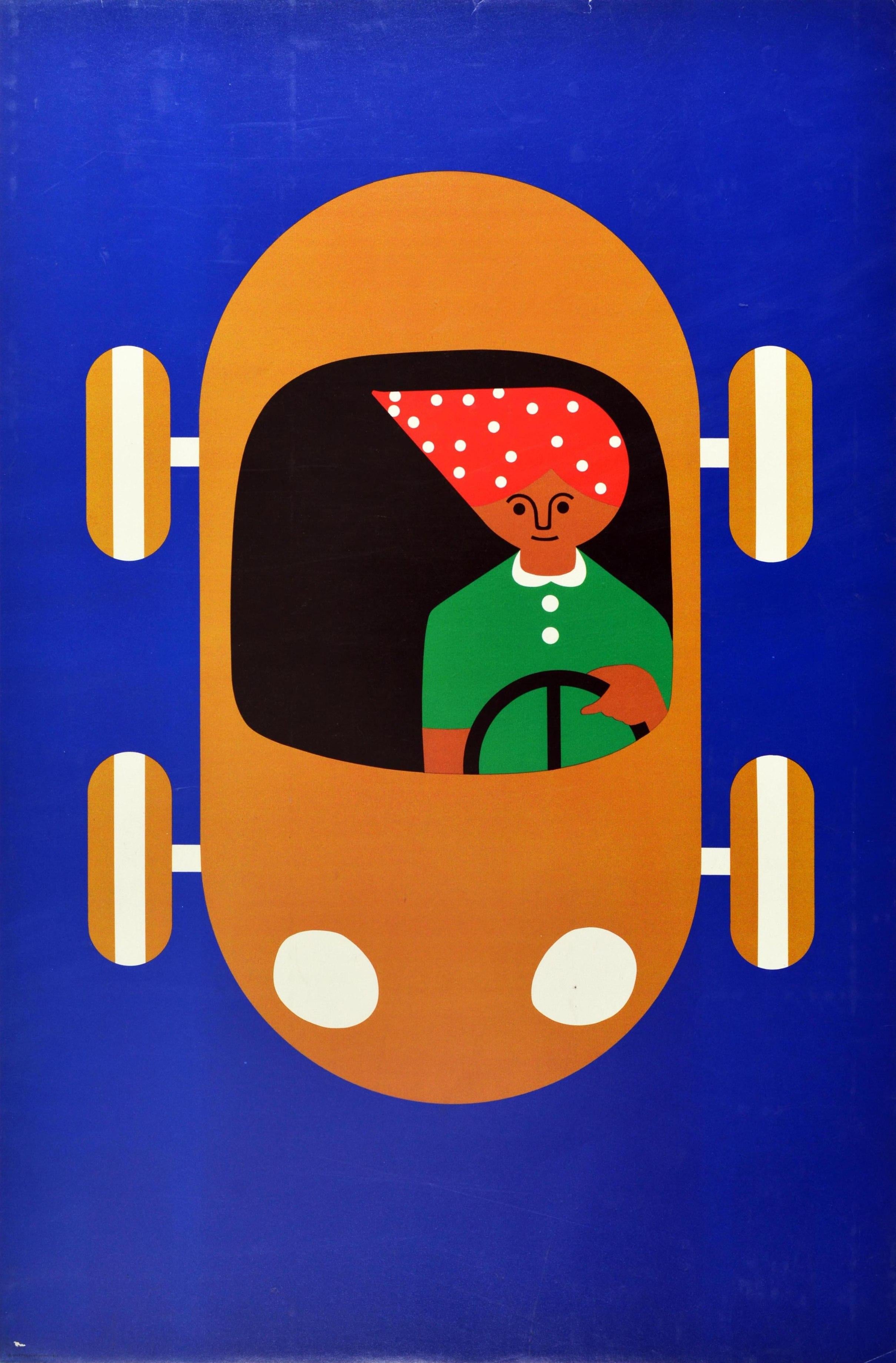 Original vintage advertising poster for the Creative Playthings educational toy shop in Manhattan New York featuring a fun and colourful graphic design by the South African toymaker and illustrator Fredun Shapur (b. 1929), showing a smiling child in