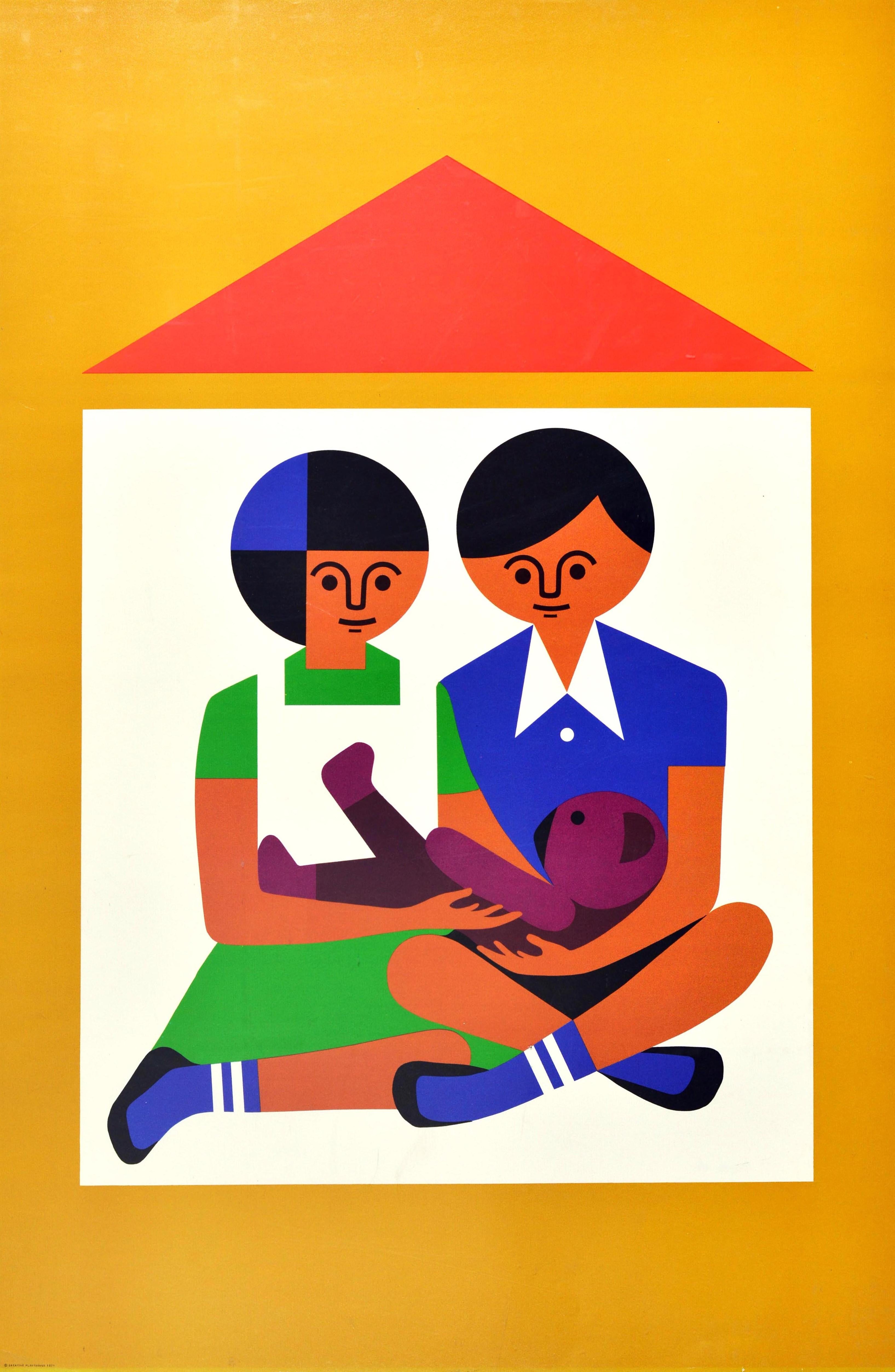 Original vintage advertising poster for the Creative Playthings educational toy shop in Manhattan New York featuring a fun and colourful graphic design by the South African toymaker and illustrator Fredun Shapur (b. 1929), showing a two children -