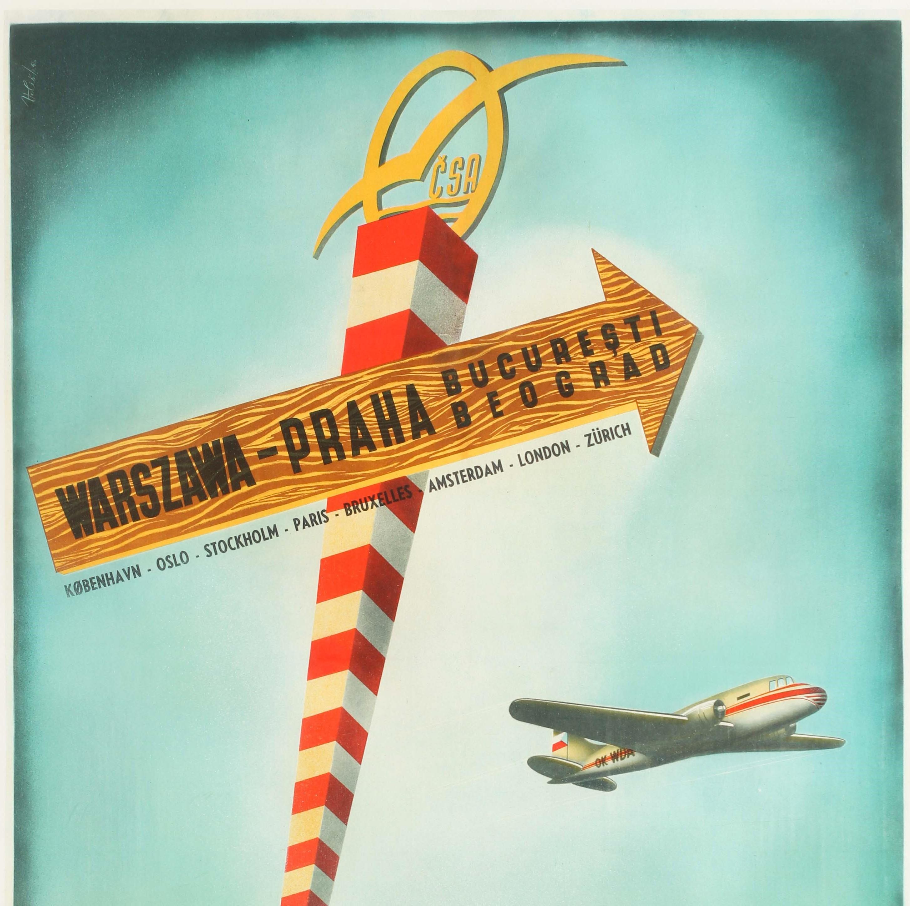 Original vintage travel poster published by CSA Czech Airlines / Ceskoslovenské Státní Aerolinie (founded 1923) to promote its flights between the East Europe cities of Warsaw, Prague, Bucharest and Belgrade / Warszawa, Praha, Bucuresti, Beograd and