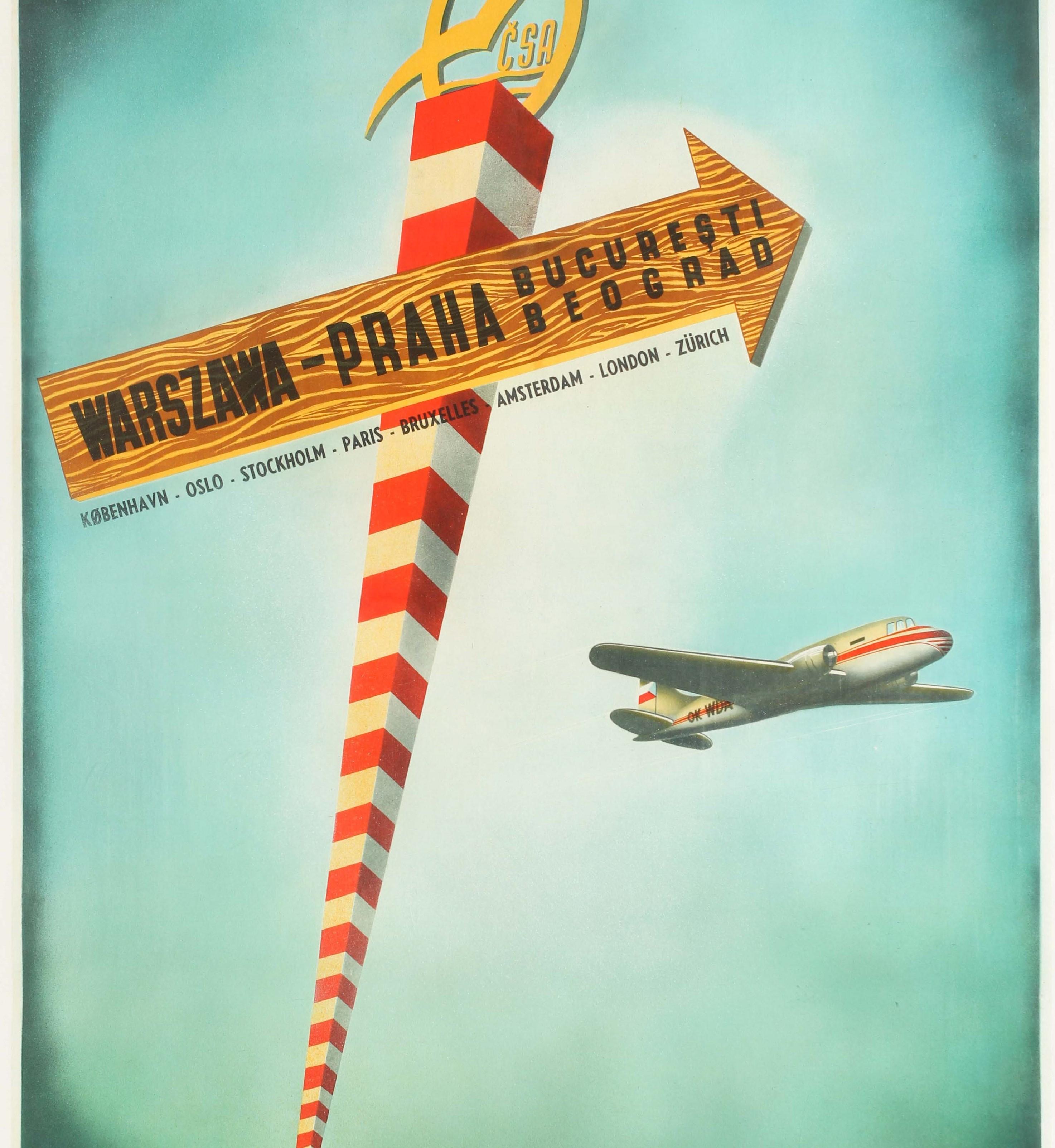 Original Vintage Poster CSA Czech LOT Polish Airline Travel Warsaw Prague Europe In Good Condition In London, GB