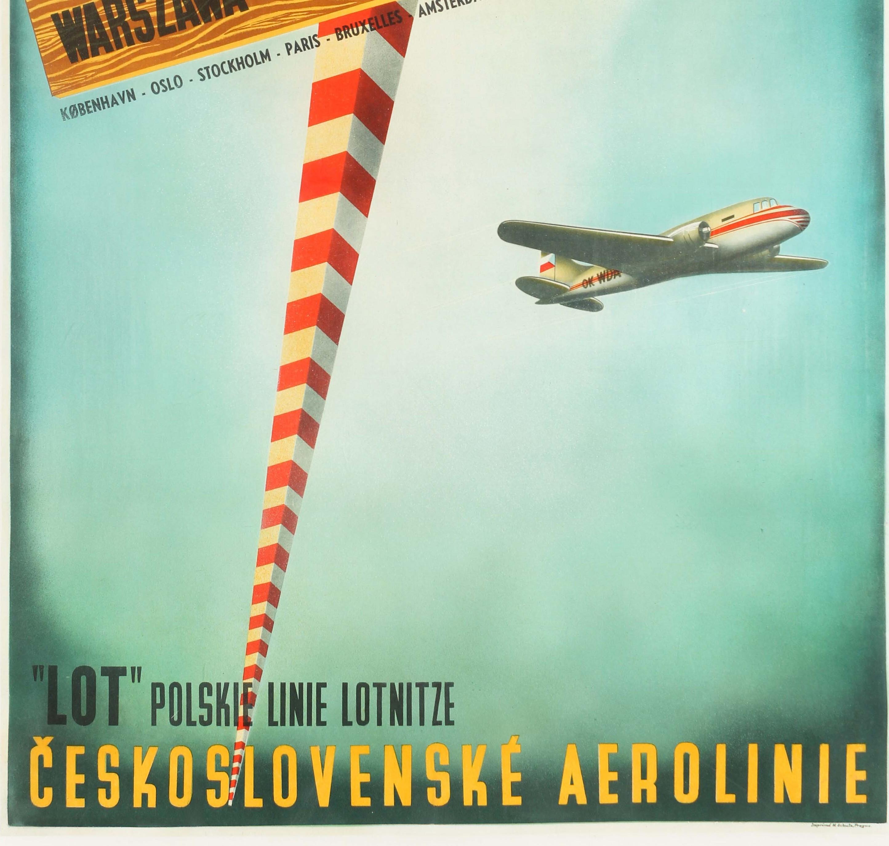 Mid-20th Century Original Vintage Poster CSA Czech LOT Polish Airline Travel Warsaw Prague Europe