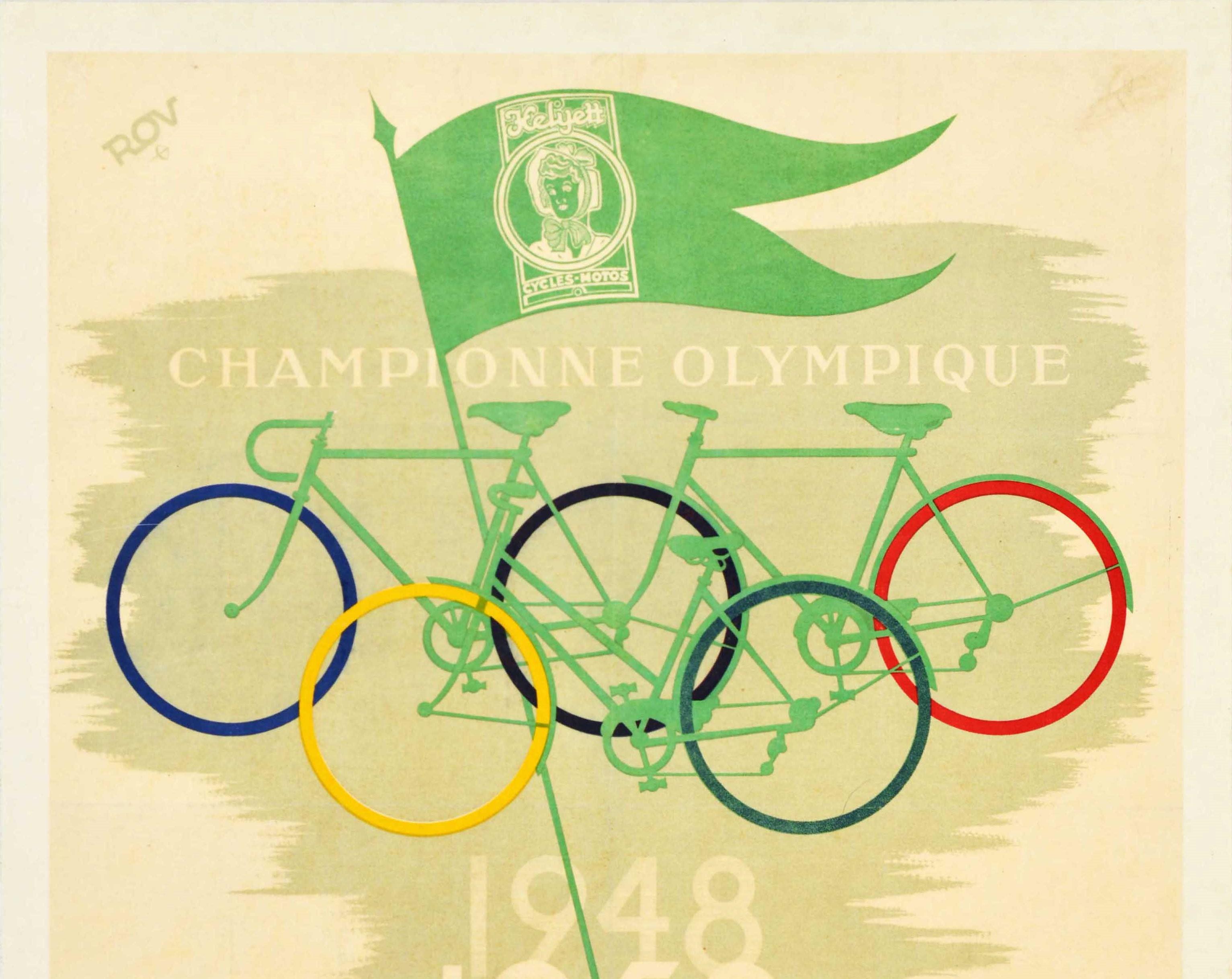 Original vintage advertising poster for Helyett bicycles featuring a clever design depicting three bikes with their wheels overlapping each other to form five colour rings of the Olympic logo with the Helyett Cycles Motos logo on a green flag