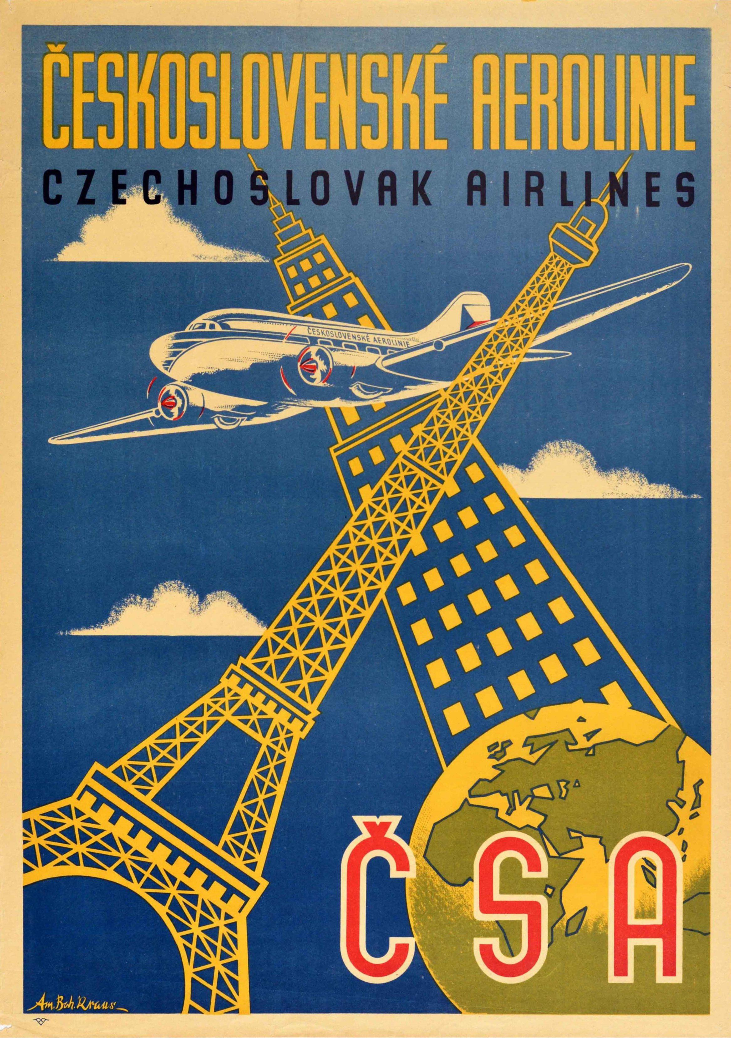 Original vintage advertising poster for Czechoslovak Airlines / Ceskoslovenske Aerolinie (CSA) featuring a great graphic design with yellow outlines of the Empire State Building in New York USA and the Eiffel Tour in Paris France at an angle with a