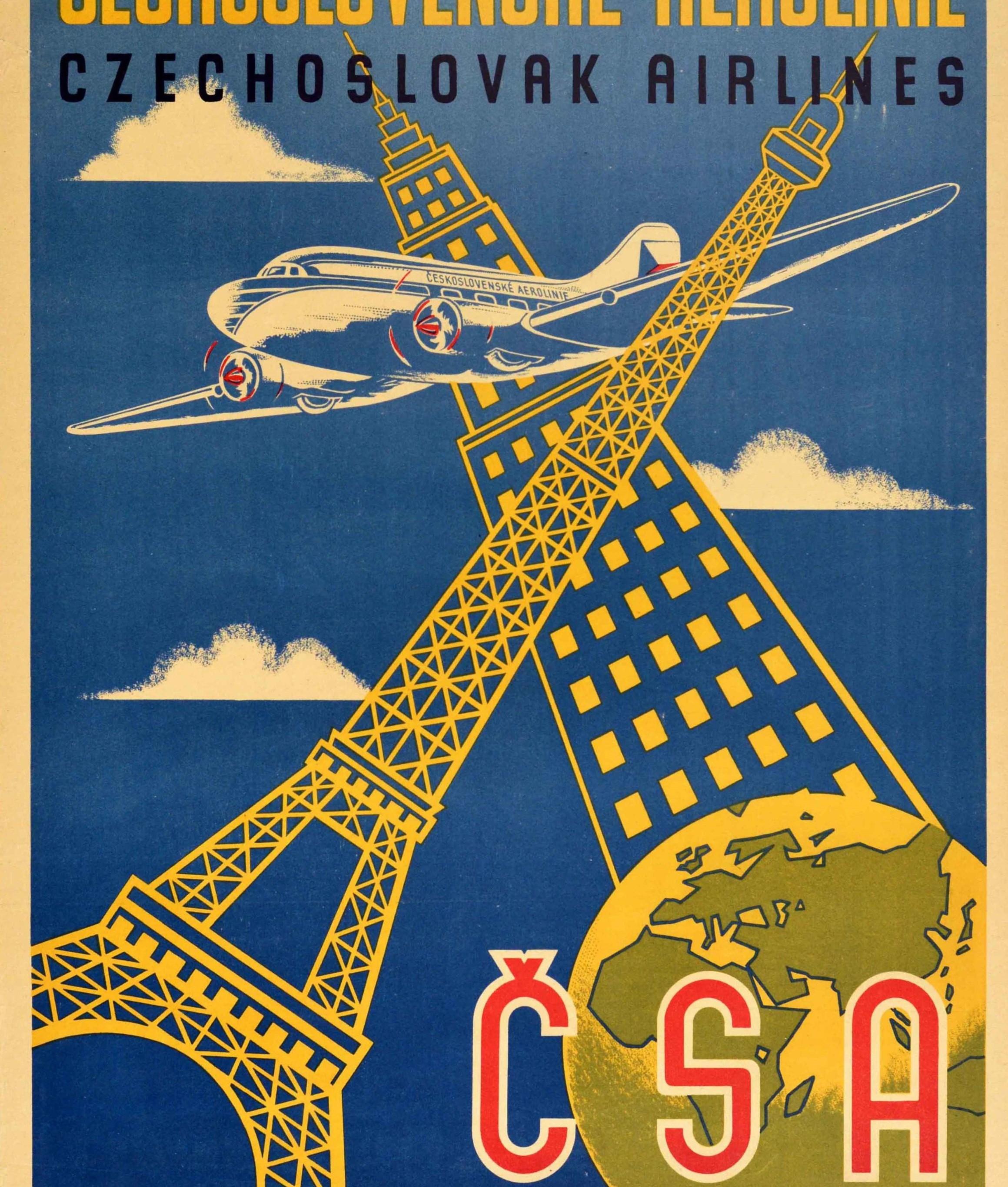 Mid-20th Century Original Vintage Poster Czechoslovak Airlines Eiffel Tower Empire State Building