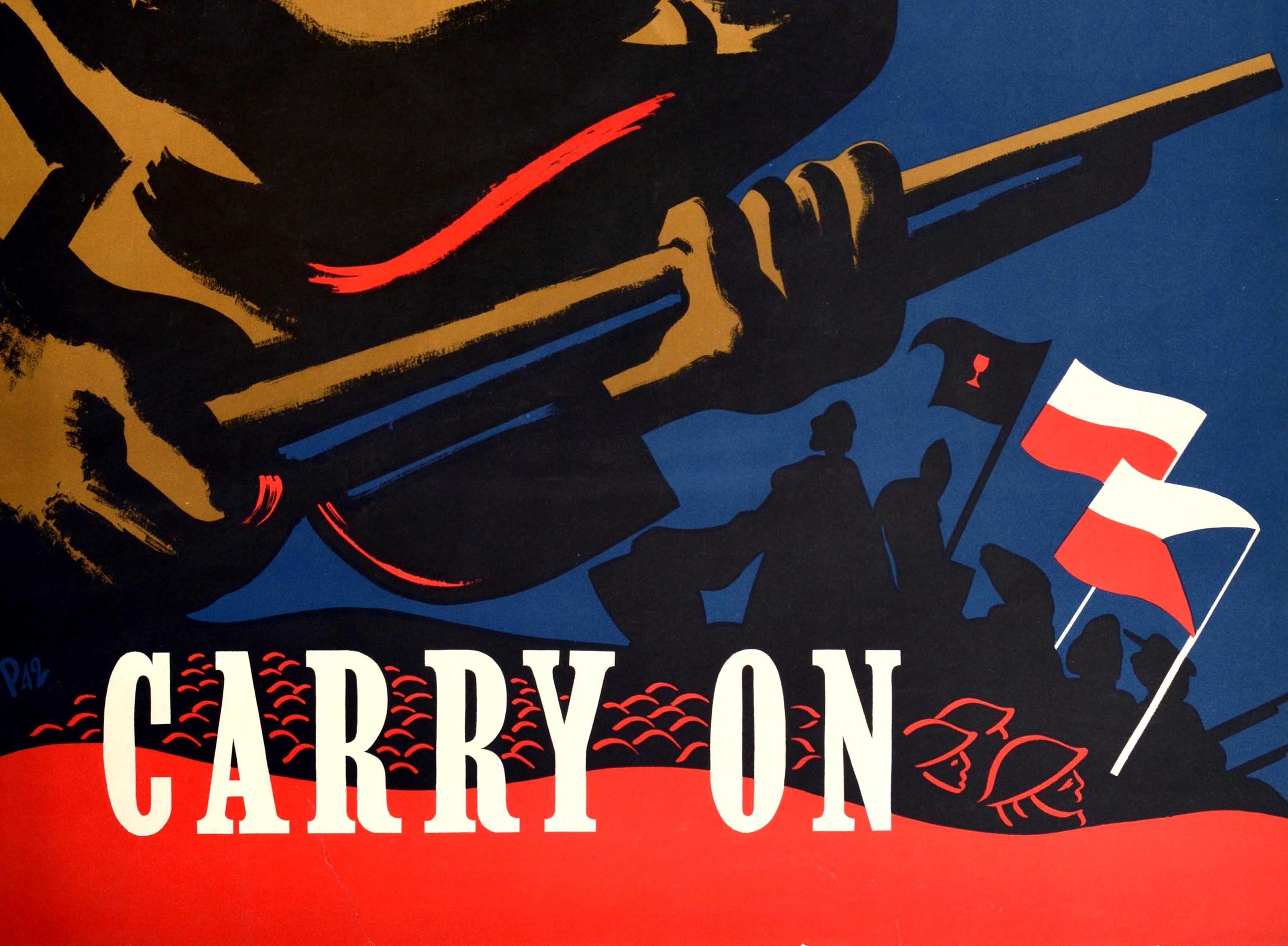 Tchèque Affiche rétro originale des Tchécoslovaques portant des drapeaux des soldats de l'armée de la Seconde Guerre mondiale - Art de la guerre en vente