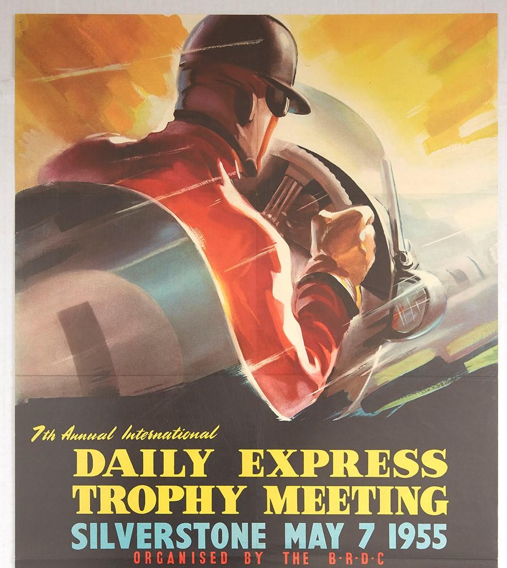 Original vintage motorsport poster for Britain's Greatest Racing Event - The 7th International Daily Express Trophy Meeting Silverstone May 7 1955 Organised by the BRDC - featuring a colourful dynamic image of an F1 racing driver wearing a helmet