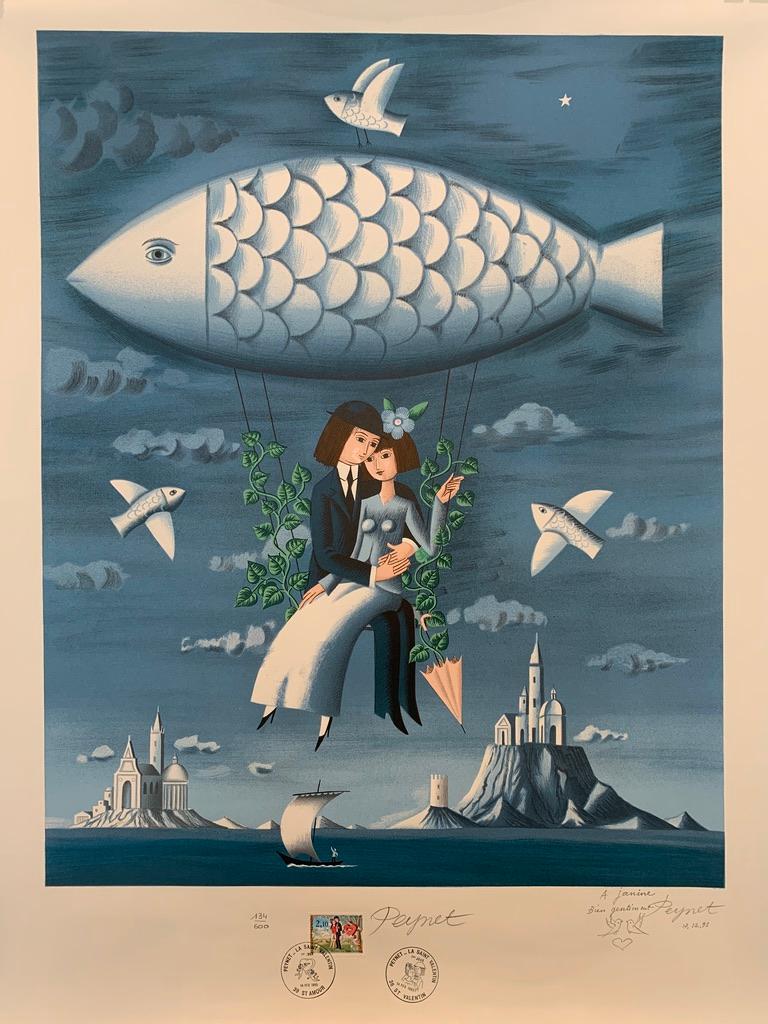 Original Vintage Poster, 'D’amoureux Au Poisson' Signed by Raymond Peynet

Raymond Peynet was a French artist and illustrator. Peynet was known for his illustrations of couples, specifically, couples in love. Peynet was born in Paris in 1908 , he