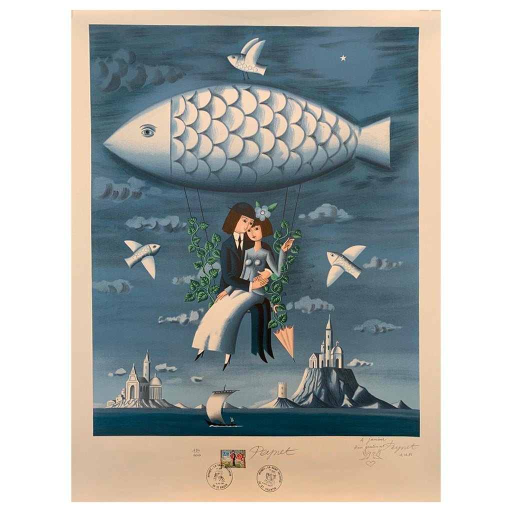 Original Vintage Poster, 'D'amoureux Au Poisson' Signiert von Raymond Peynet im Angebot