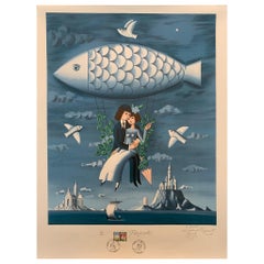 Poster originale d'epoca, 'D'amoureux Au Poisson' firmato da Raymond Peynet