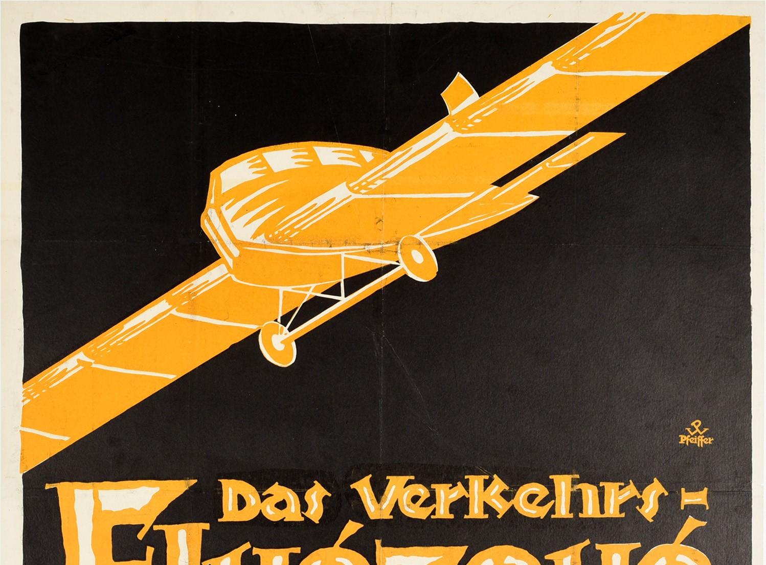 Original vintage event advertising poster for Das Verkehrsflugzeug ein Vortrag mit Lichtbildern und 2 filmen / The Airliner a lecture with photographs and two films featuring a great design depicting a plane flying above the bold stylised lettering