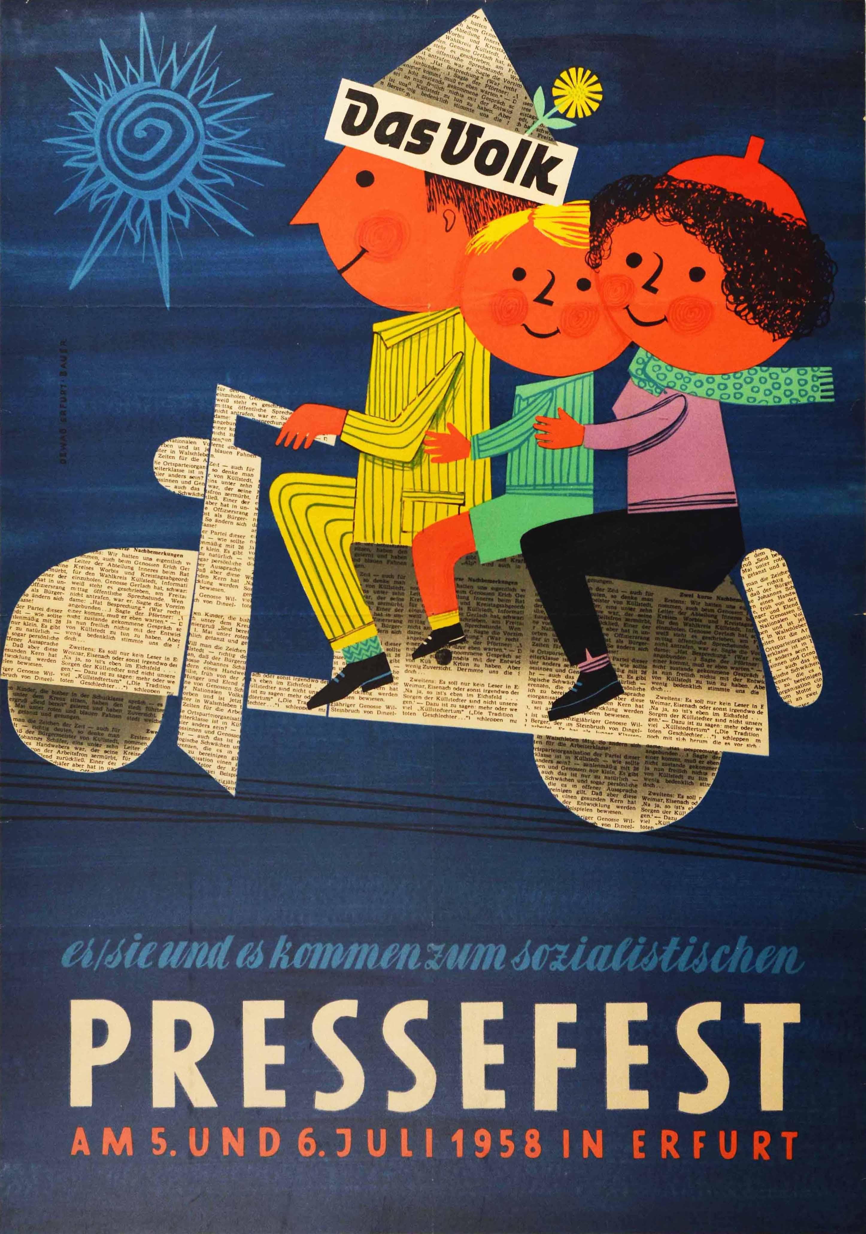 Original vintage advertising poster for the Socialist Press Festival held on 5 and 6 July 1958 in Erfurt Germany featuring a colourful and fun mid-century illustration of a smiling family with a mother in a beret hat, purple jumper, black trousers