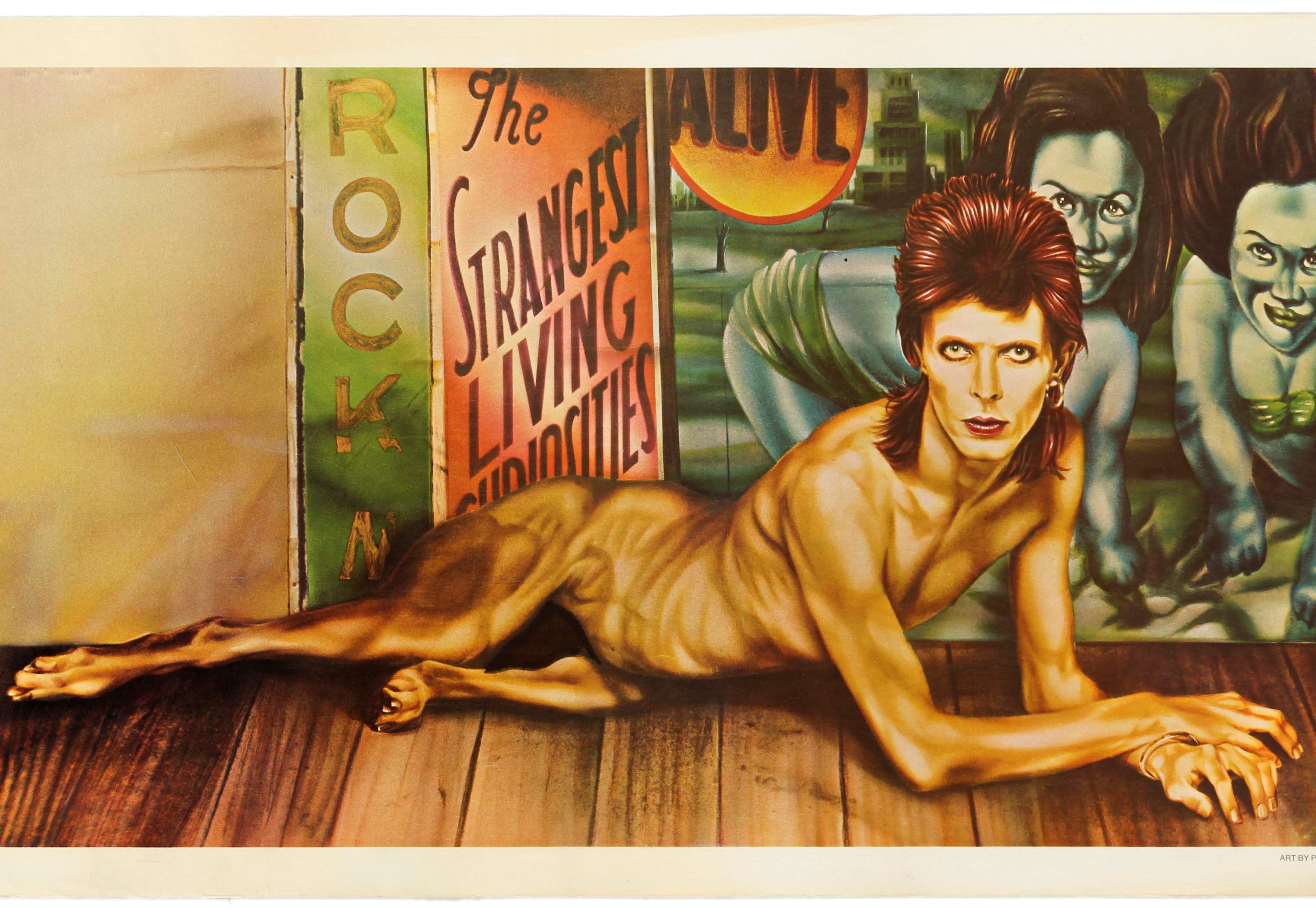 Original vintage rock music poster promoting David Bowie's concept album Diamond Dogs depicting the iconic and controversial image by the Belgian artist and poster designer Guy Peelaert (1934-2008) using a photo by the renowned British photographer