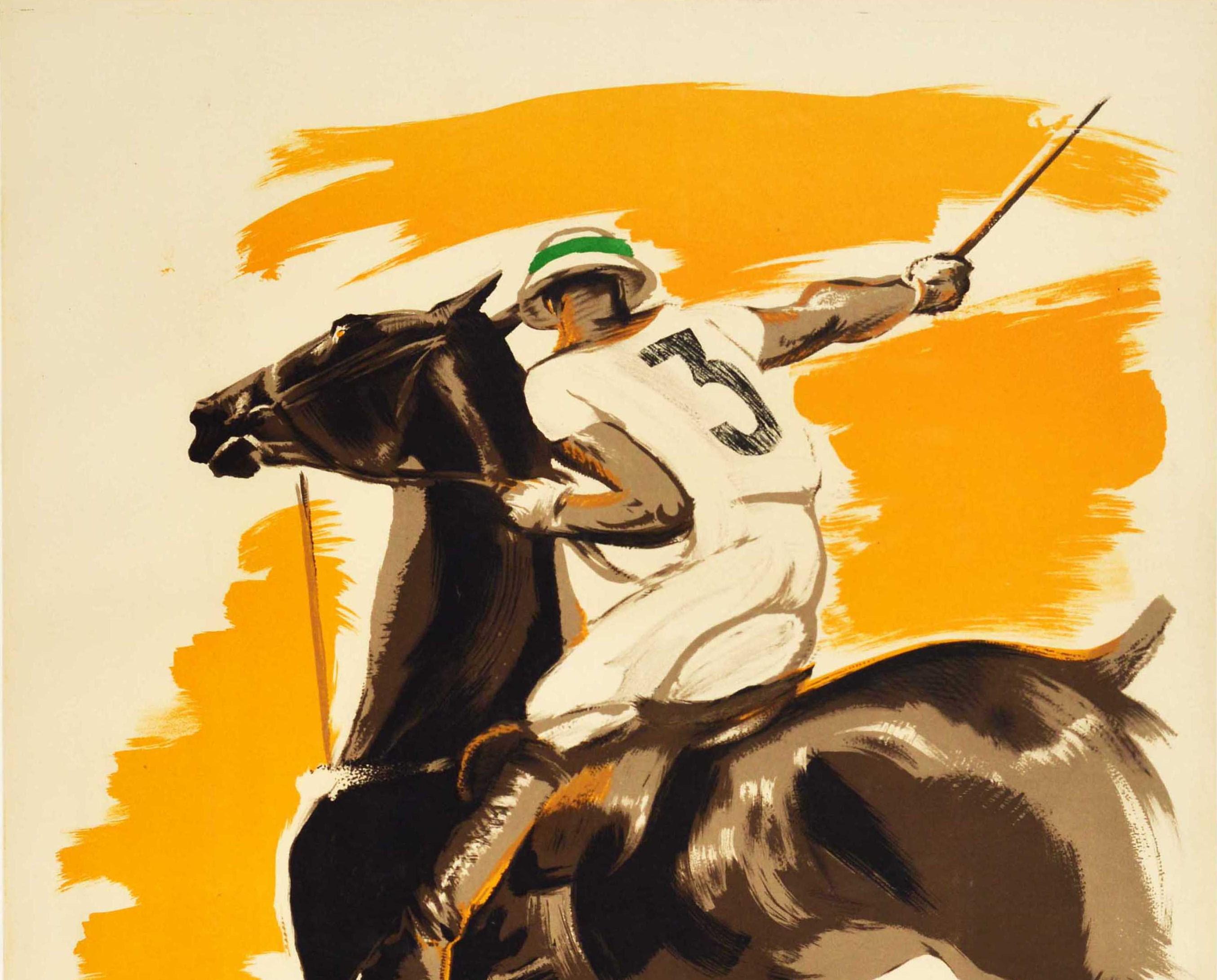 Original vintage sport poster for the annual Deauville Saison De Polo featuring a colourful dynamic image of a polo player wearing a number 3 top and swinging his polo mallet on a horse in the foreground with other players on the grass below the