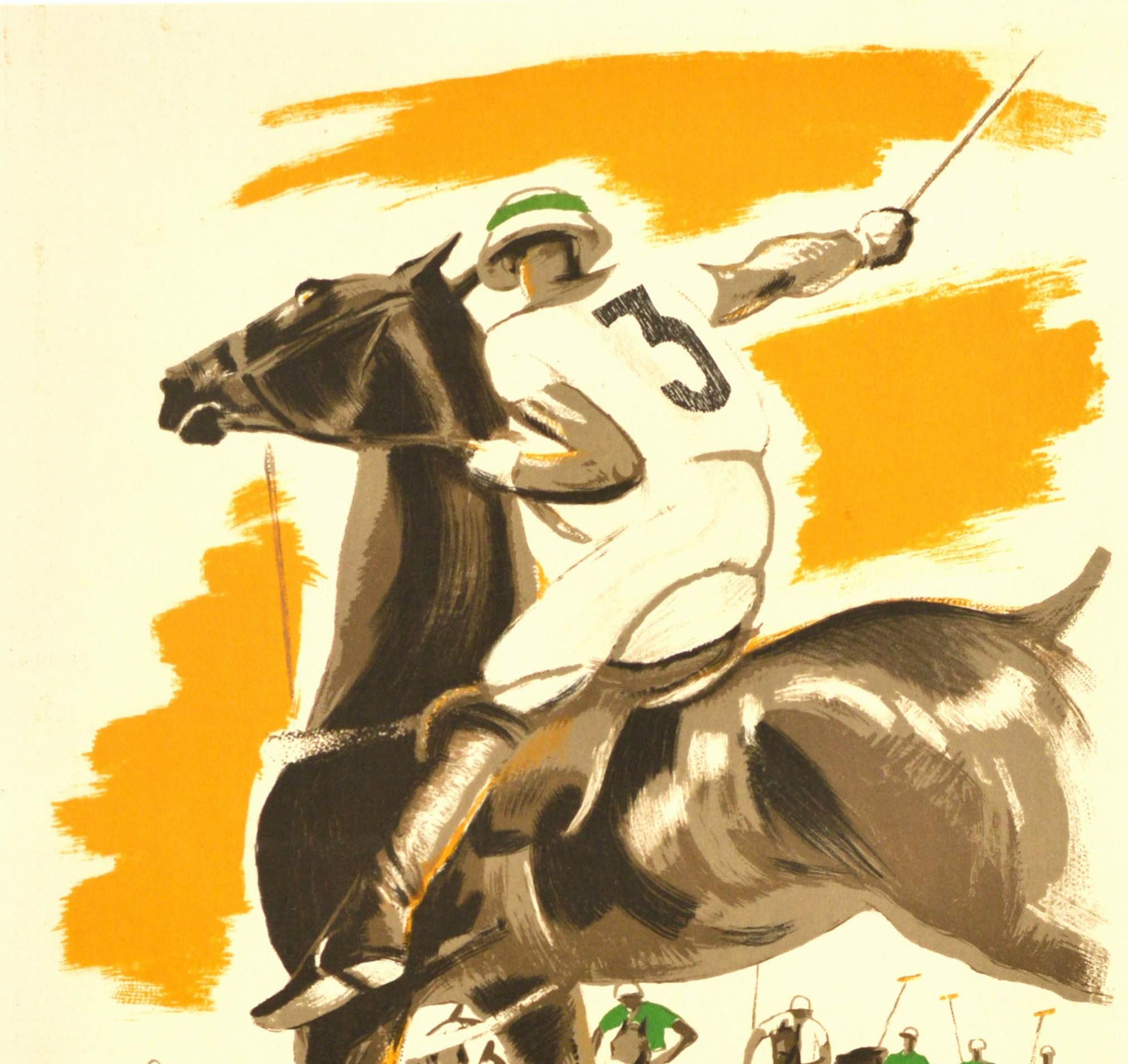 Original vintage sport poster for the annual Deauville Saison De Polo featuring a colorful dynamic image of a polo player wearing a number 3 top and swinging his polo mallet on a horse in the foreground with other players on the grass below the