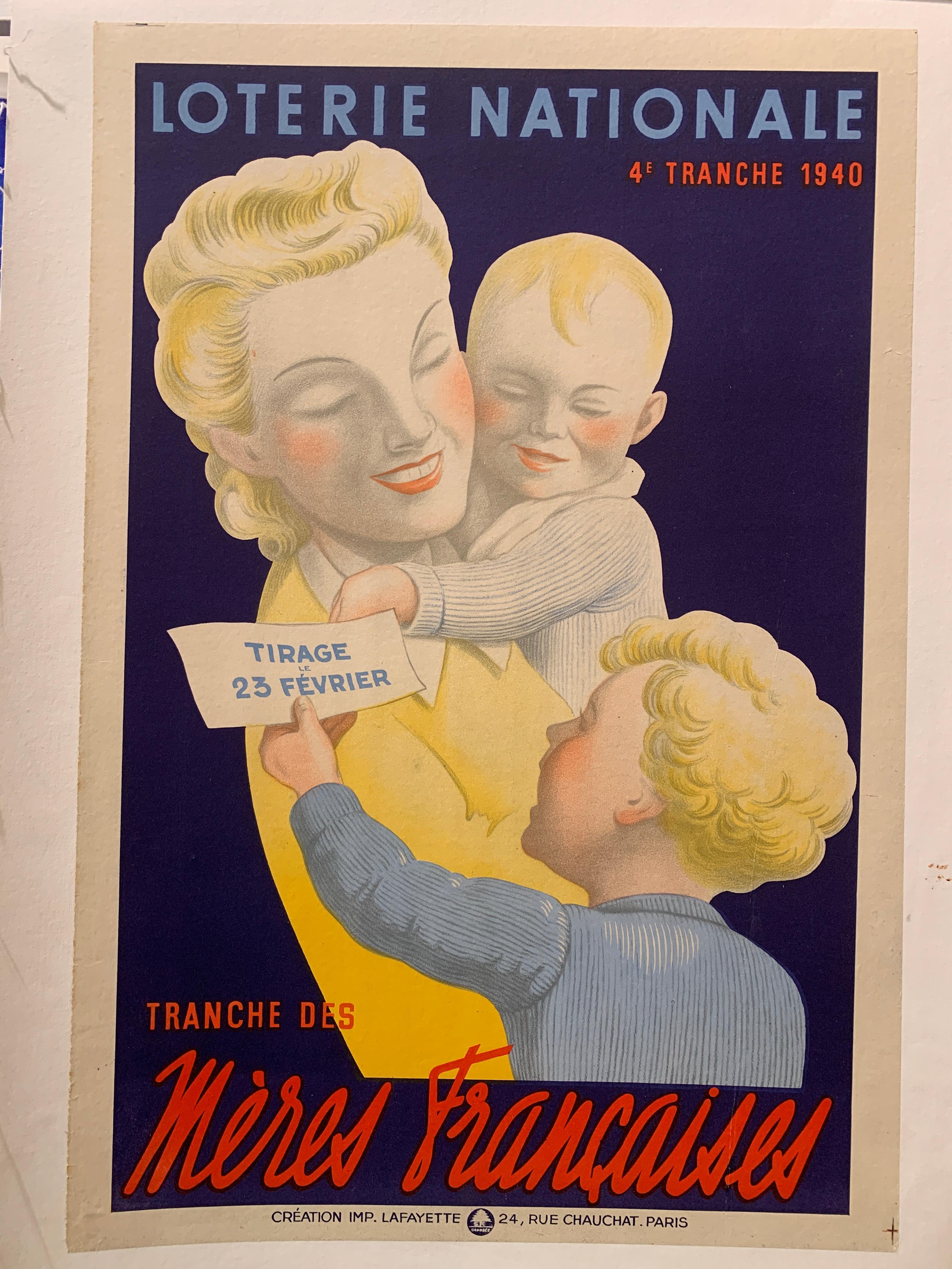 Poster originale d'epoca, 1940 'Loterie Nationale' Meres Francaises'. In condizioni buone in vendita a Melbourne, Victoria