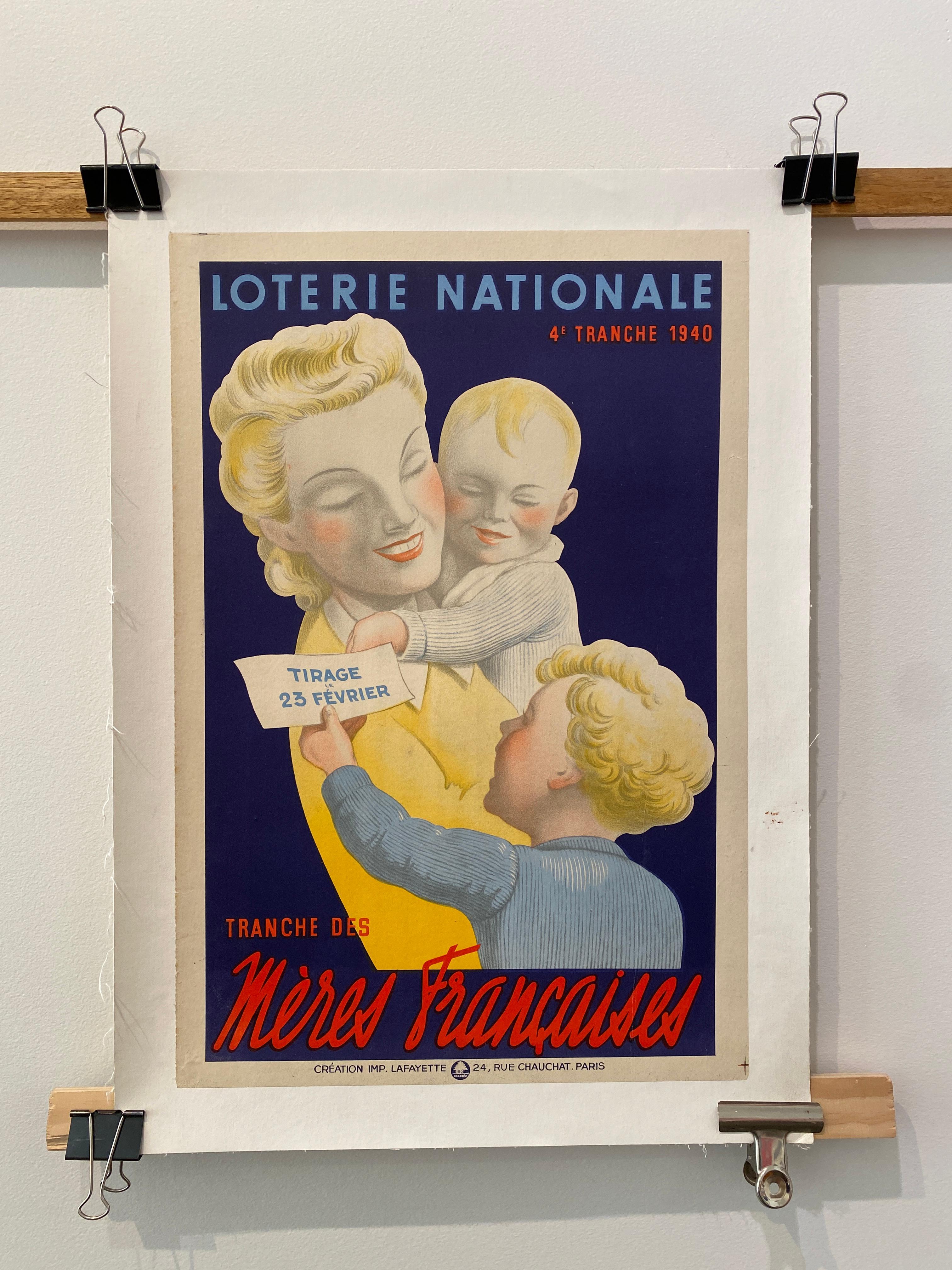 Carta Poster originale d'epoca, 1940 'Loterie Nationale' Meres Francaises'. in vendita