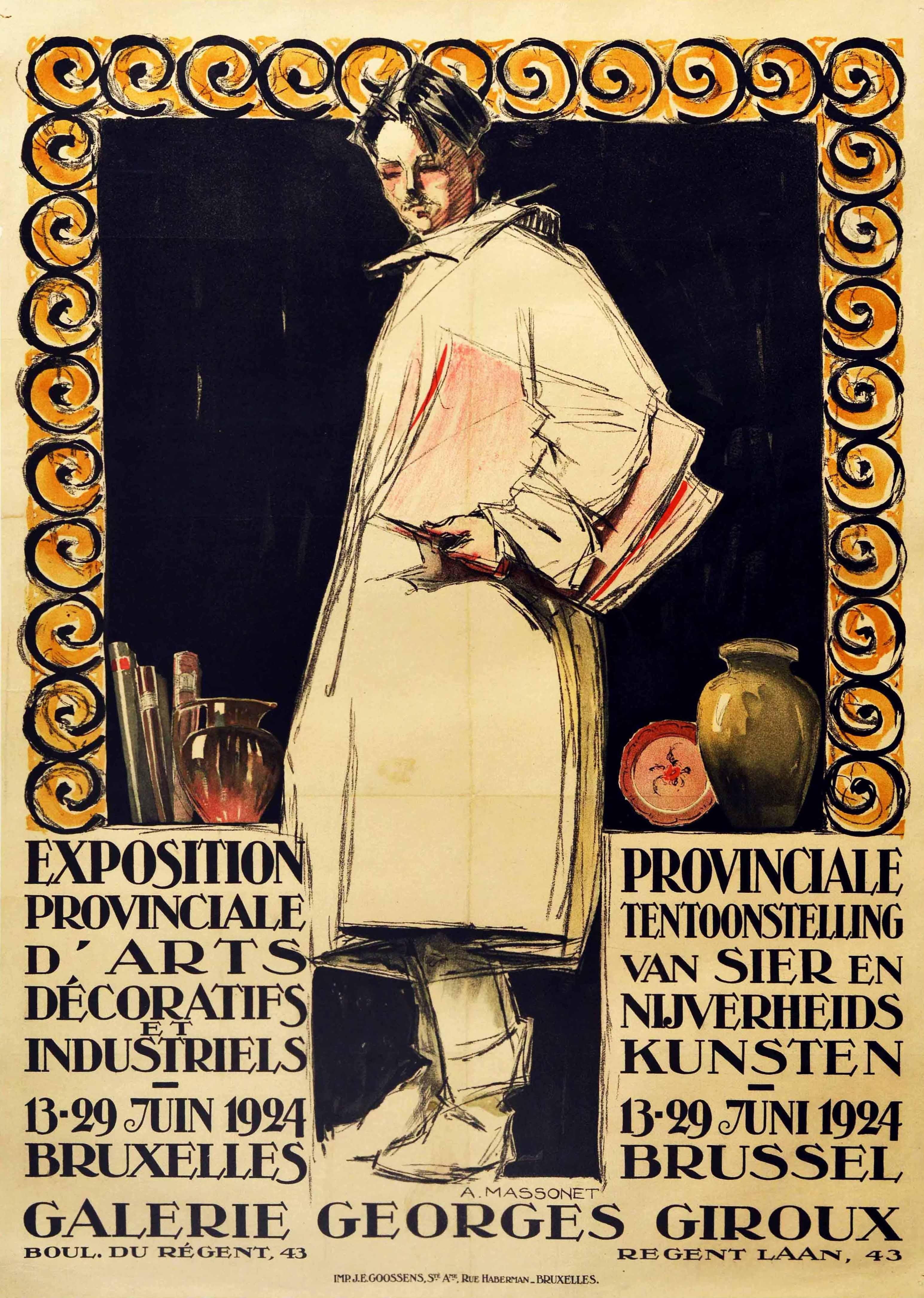 Original-Werbeplakat für eine Provinzialausstellung für dekorative und industrielle Kunst / Exposition Provinciale d'arts decoratifs et industriels, die vom 13. bis 29. Juni 1924 in Brüssel in der Galerie Georges Giroux stattfand. Das Plakat zeigt