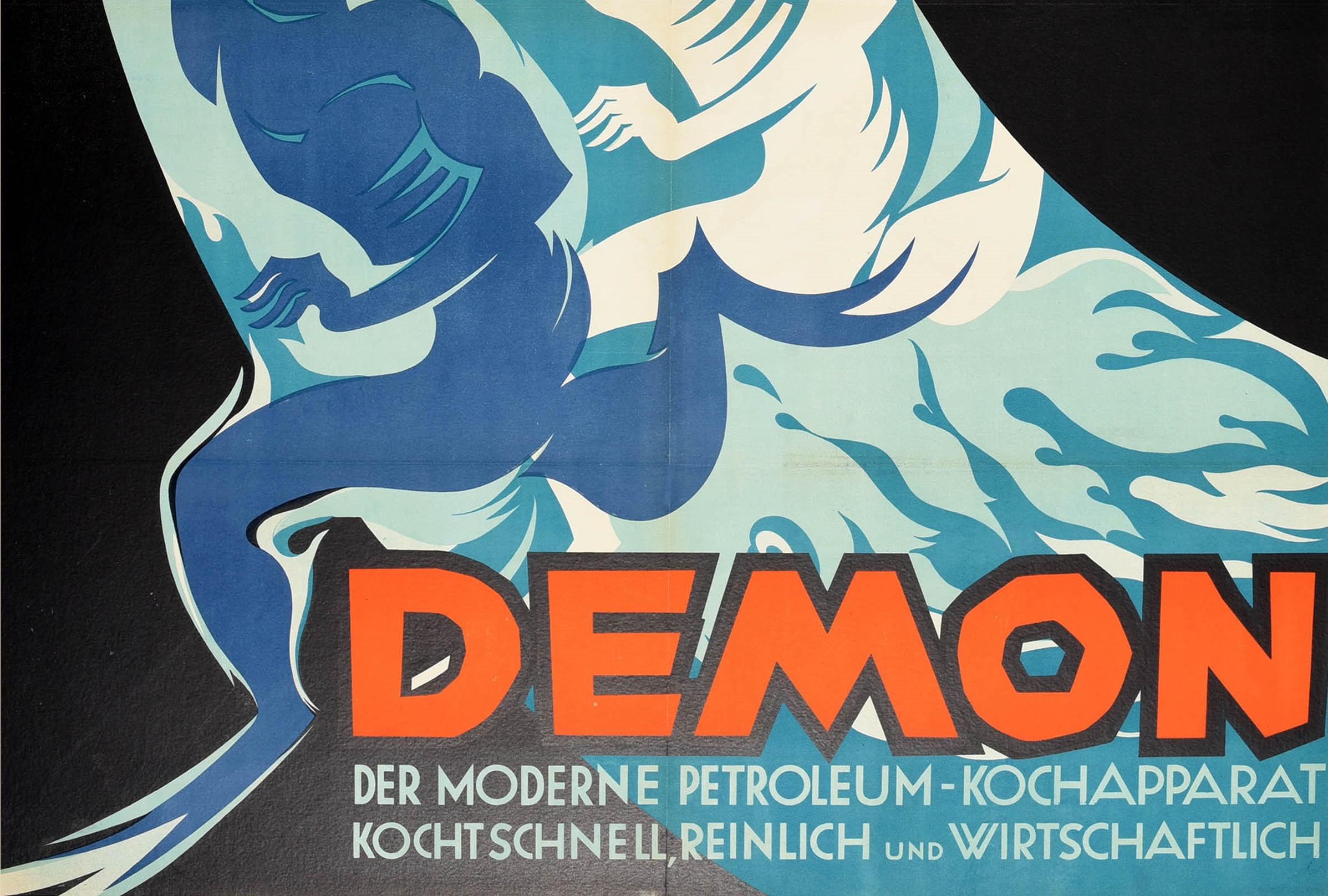 German Original Vintage Poster Demon Modern Petroleum Cooking Apparatus Advertising Art For Sale
