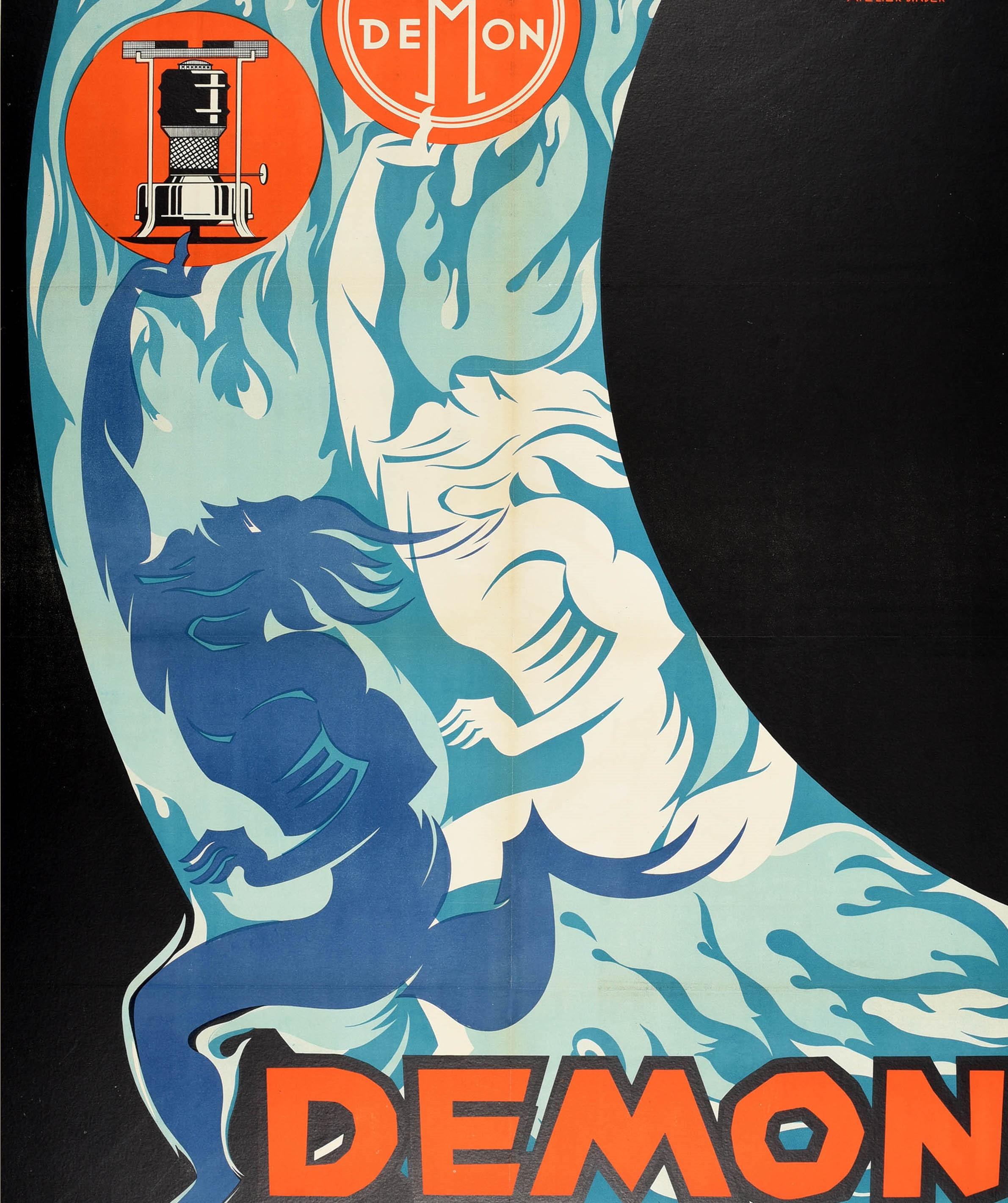 Original Vintage Poster Demon Modern Petroleum Cooking Apparatus Advertising Art In Good Condition For Sale In London, GB