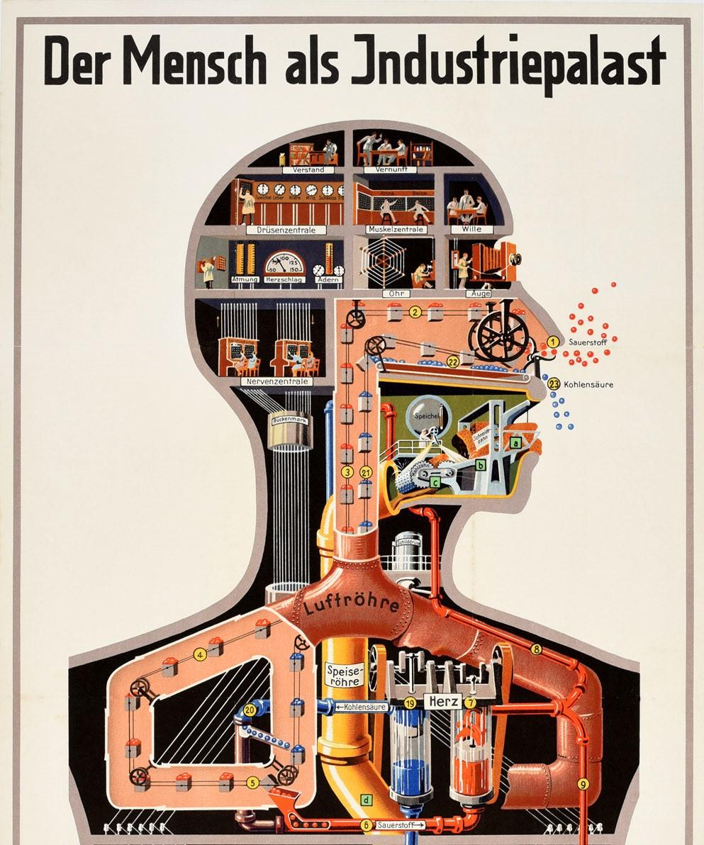 Original vintage poster for the graphic analogy - Der Mensch Als Industriepalast / Man As Industrial Palace - by the German physician, scientist and illustrator Fritz Kahn (1888-1968). Fantastic industrial design featuring a human torso with the