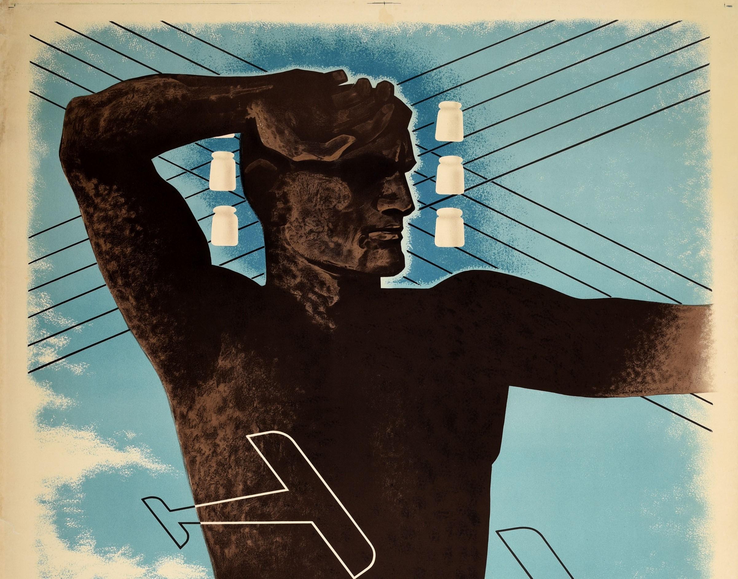 Original vintage newspaper advertising poster for Der Mittag Uberall featuring an Art Deco design depicting the figure of a man against a blue shaded sky background with crossed electricity lines above and outlines of planes flying across the