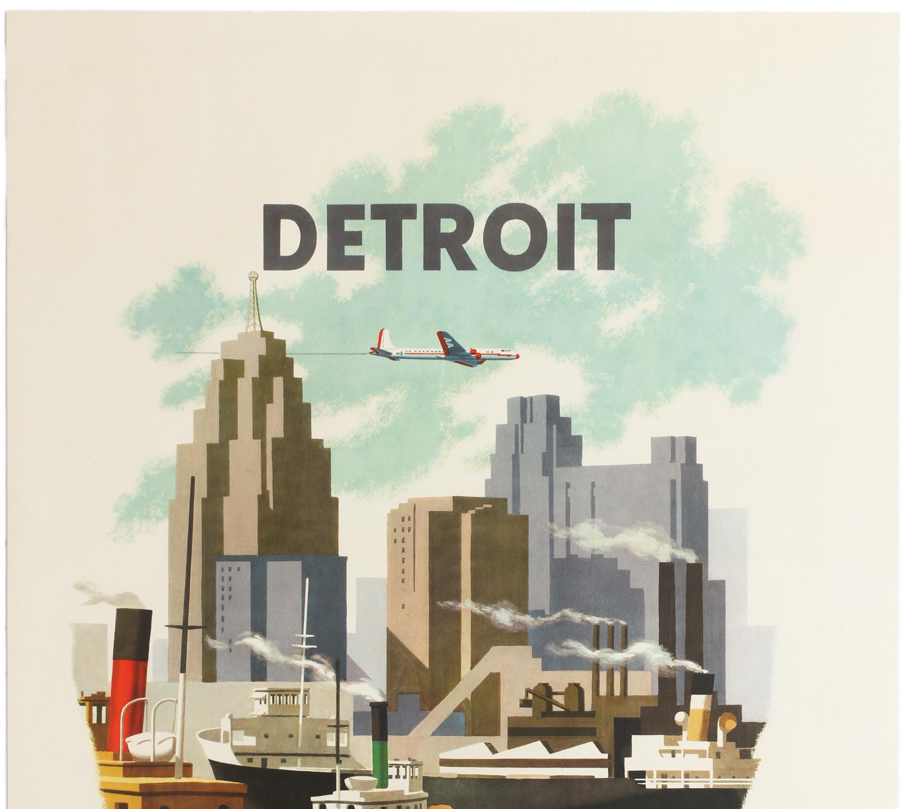 Original vintage travel poster advertising Detroit by American Airlines featuring a great illustration by Bern Hill (1911-1977) of the city skyline with skyscrapers and smoking Industrial factories behind ships and tug boats in the foreground and an