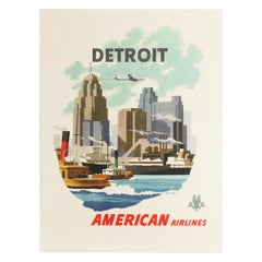 Original Vintage Poster Detroit American Airlines AA Travel City Design Michigan