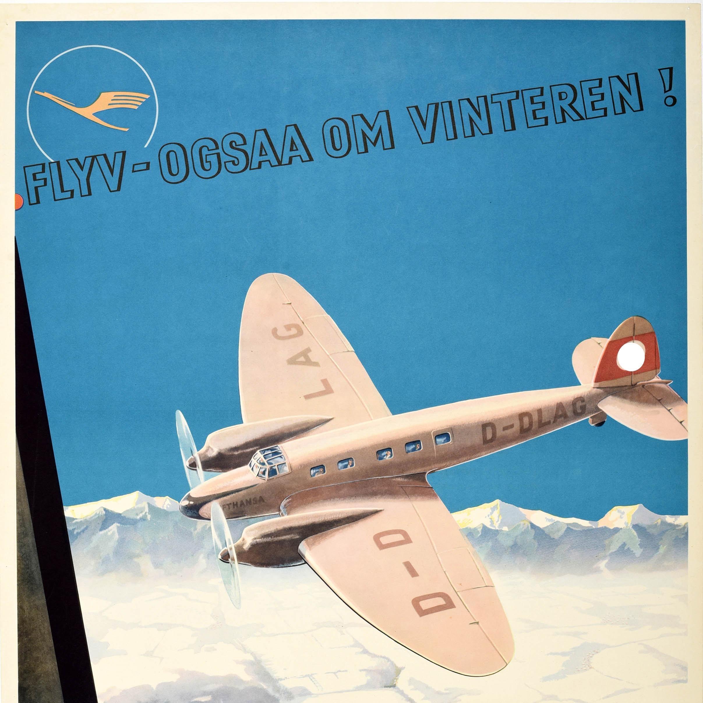 Allemand Affiche rétro originale Deutsche Lufthansa, Flyv-Ogsaa, Om Vinteren, Avions d'hiver en vente