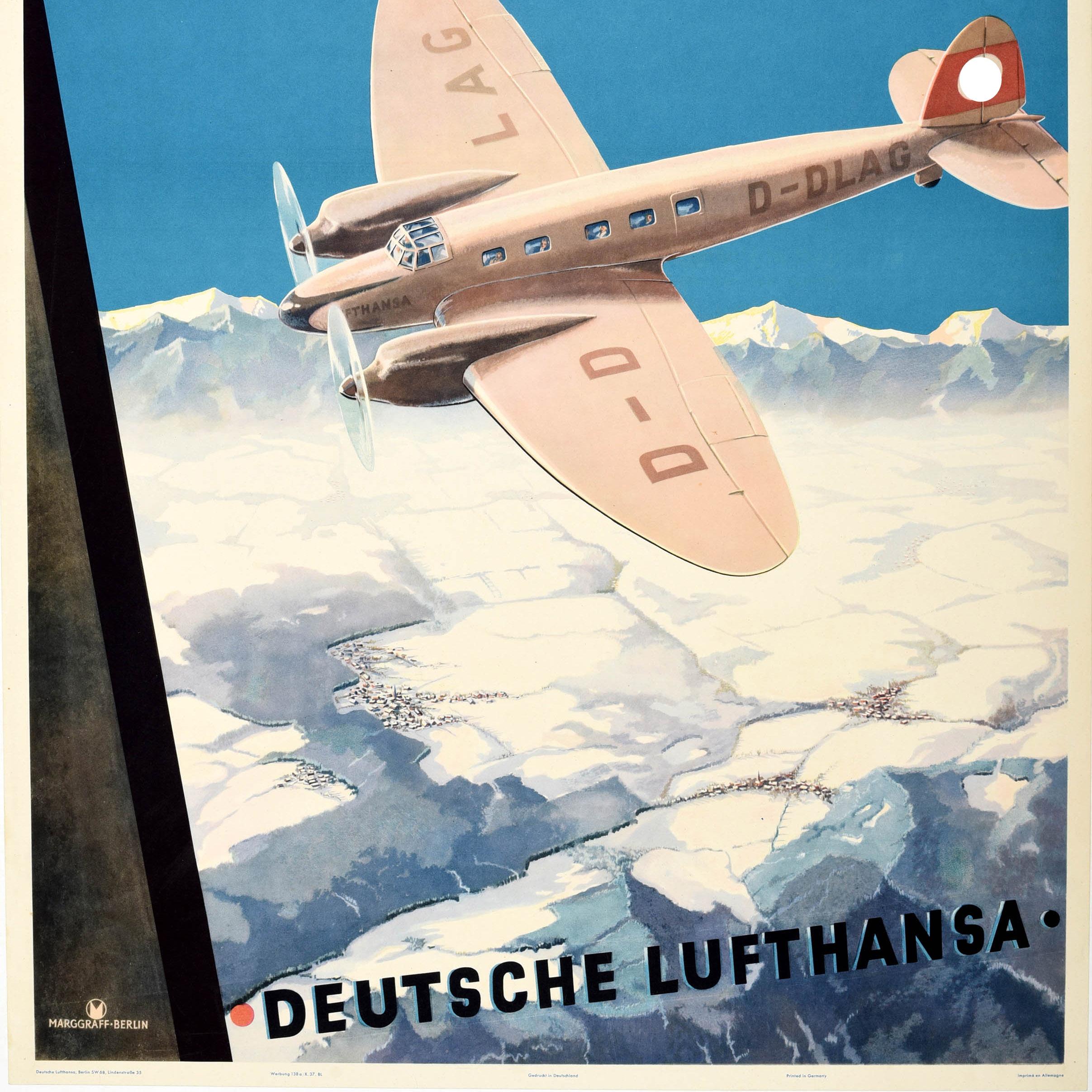 Original Vintage Poster Deutsche Lufthansa Flyv-Ogsaa Om Vinteren Winter Flights In Good Condition For Sale In London, GB