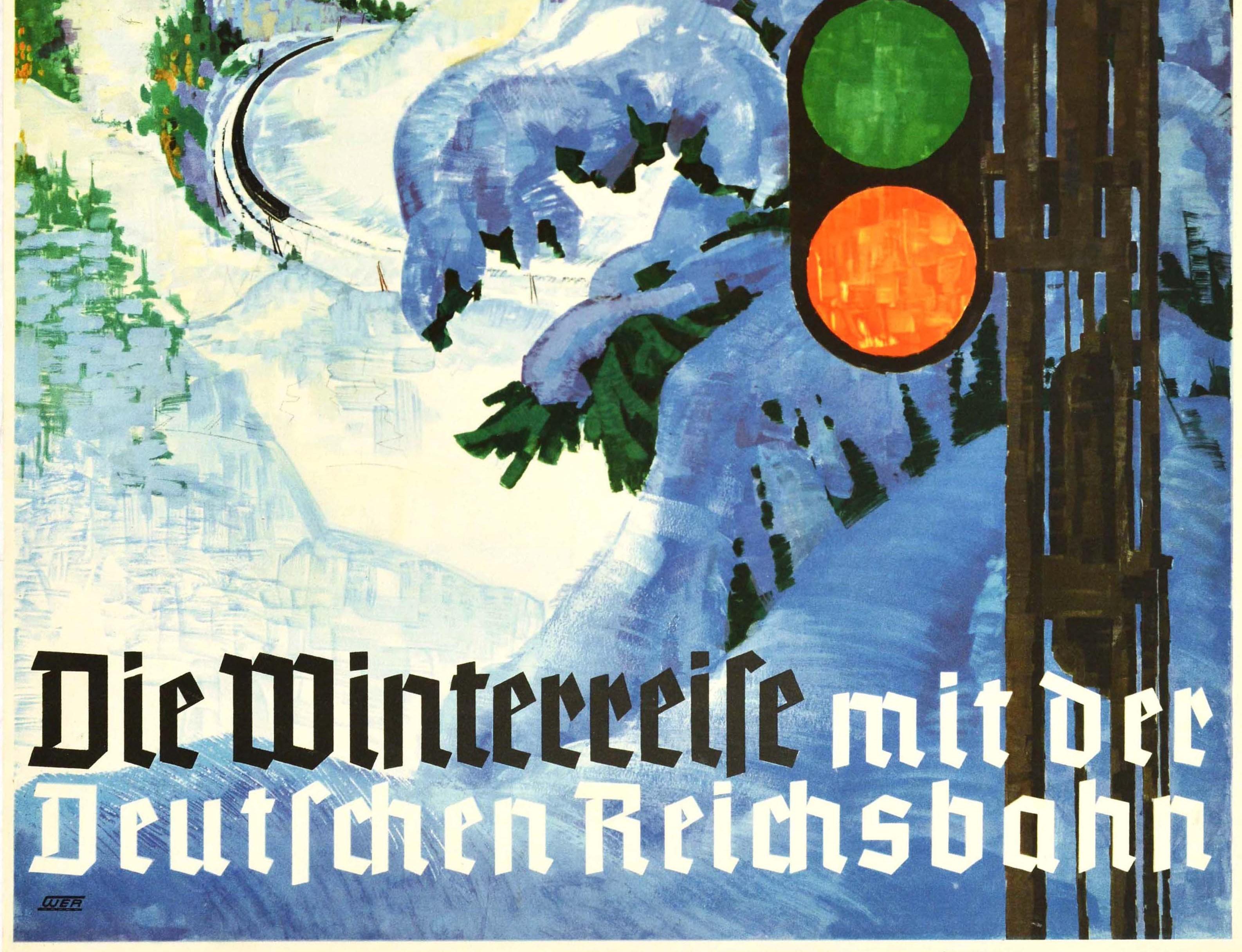 Allemand Affiche vintage d'origine Deutsche Reichsbahn, Chemin de fer allemand, Train d'hiver, Voyage en vente