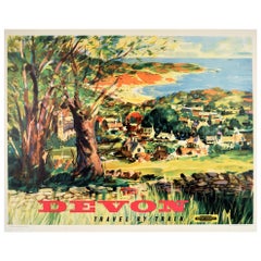 Vintage-Poster "Devon Travel By Train", Britische Eisenbahnen, Landleben am Strand, Strand