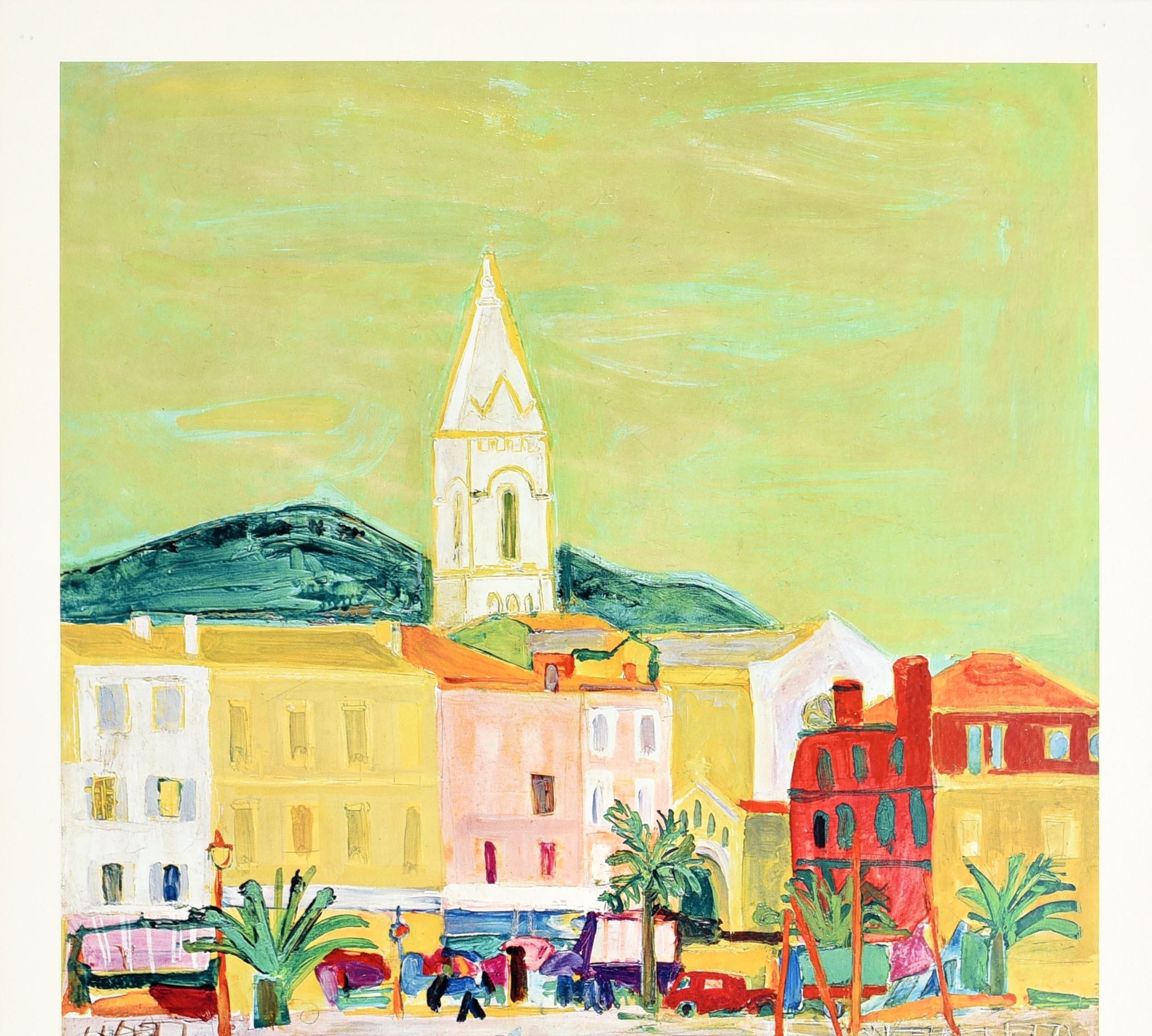 Original vintage travel poster for the Cote D'Azur by Roger Bezombes (1913-1994): Discover France by Train French National Railroads featuring a colourful view of the French Riviera showing a palm tree lined embankment with boats in a marina, a
