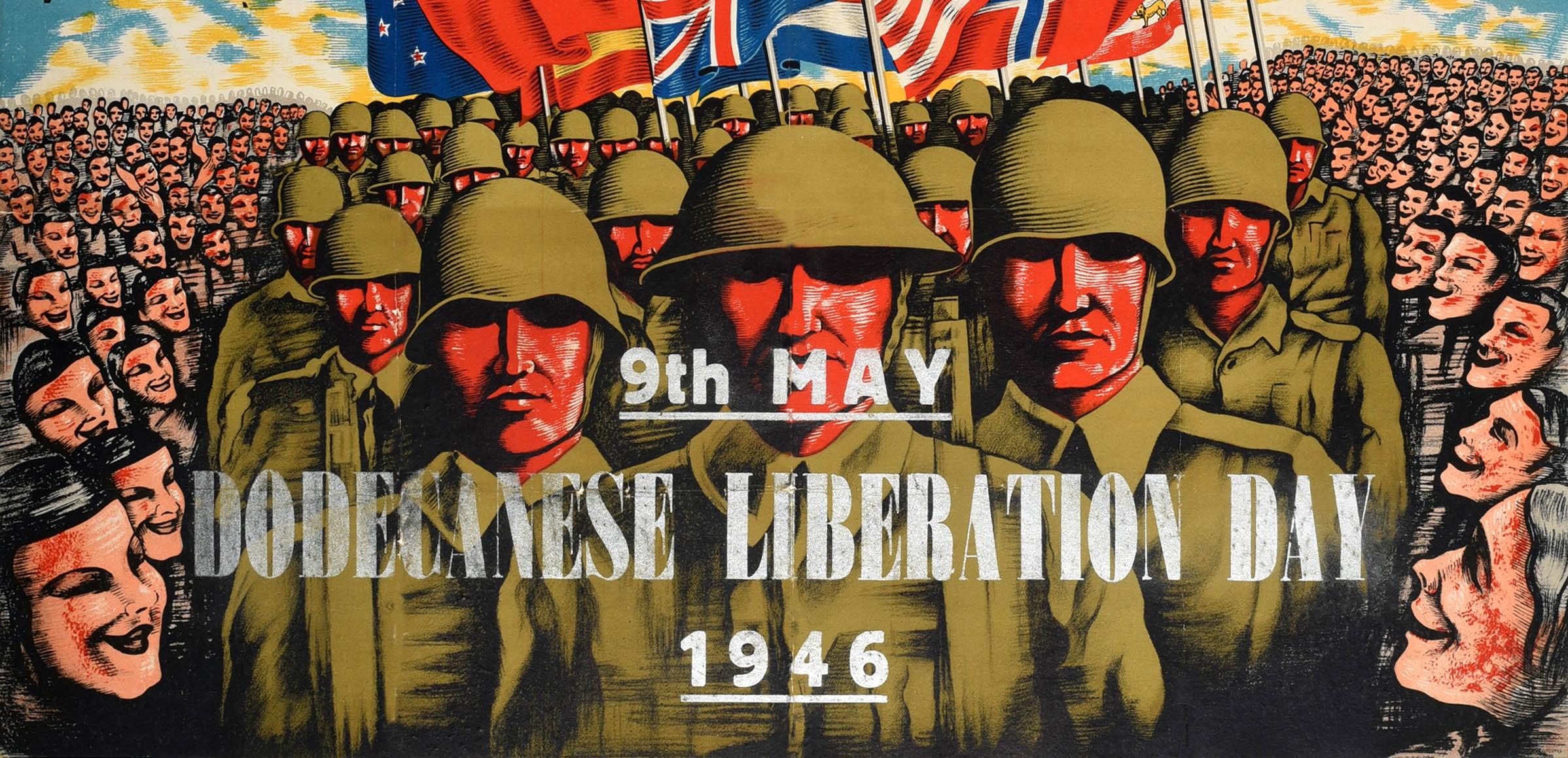 Britannique Affiche vintage d'origine du 9 mai 1946, Journée de la libération du Dodecanois, drapeaux alliés de la Seconde Guerre mondiale en vente