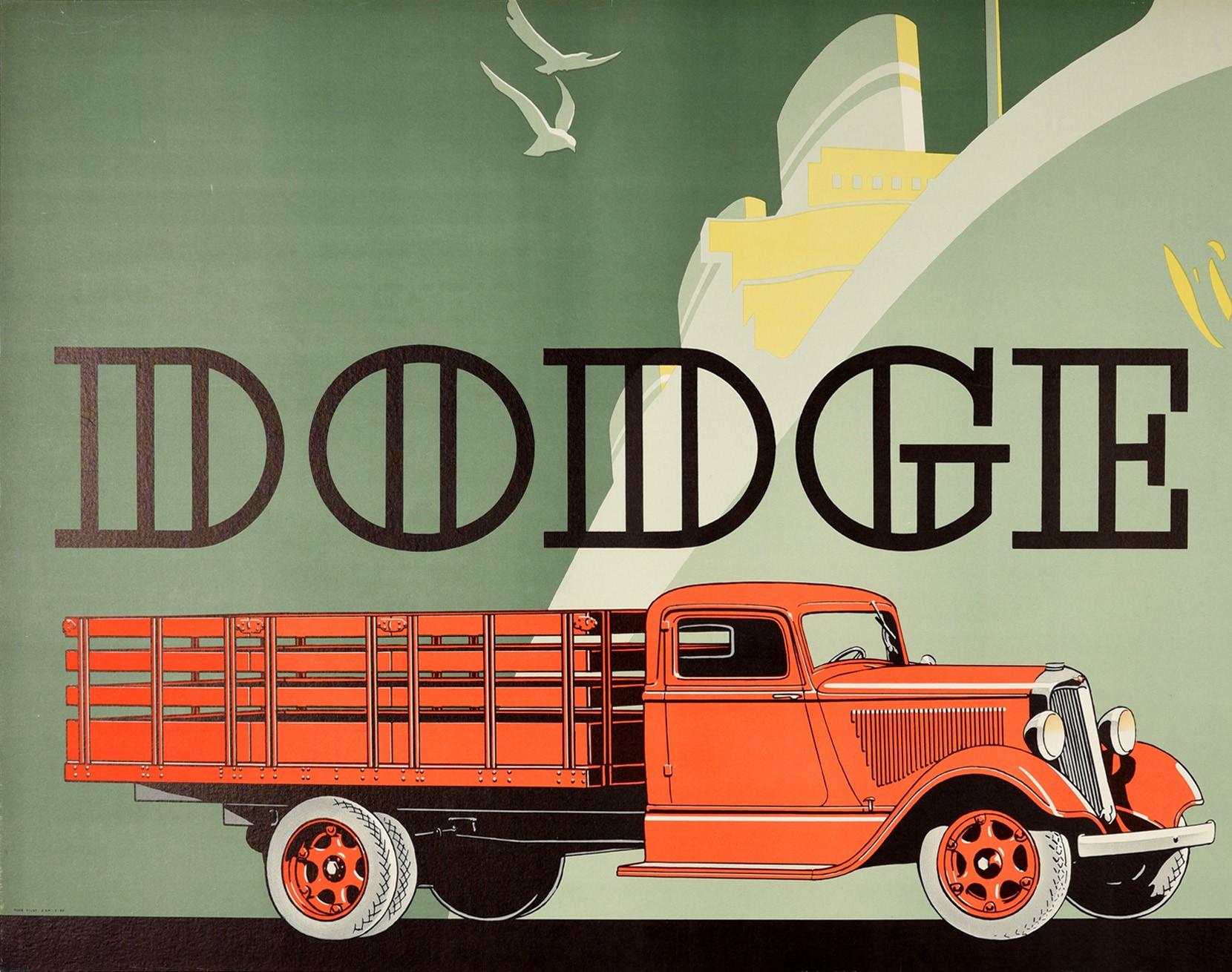 Original vintage advertising poster for Dodge featuring a stunning design showing a shiny red truck below the bold black lined title lettering with two birds flying next an Art Deco style ship in the background. Founded in 1900, Dodge is an American
