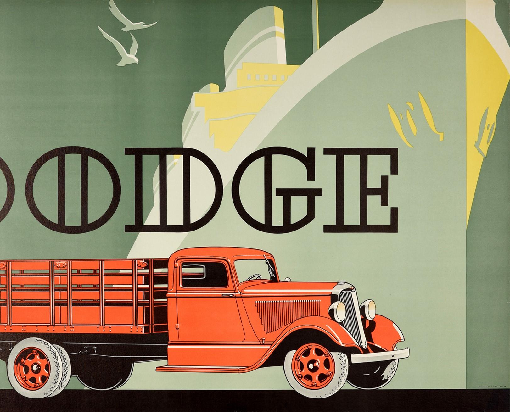 Américain Affiche rétro originale, Dodge Truck America, Art Déco, Dessin d'un bateau de croisière en vente