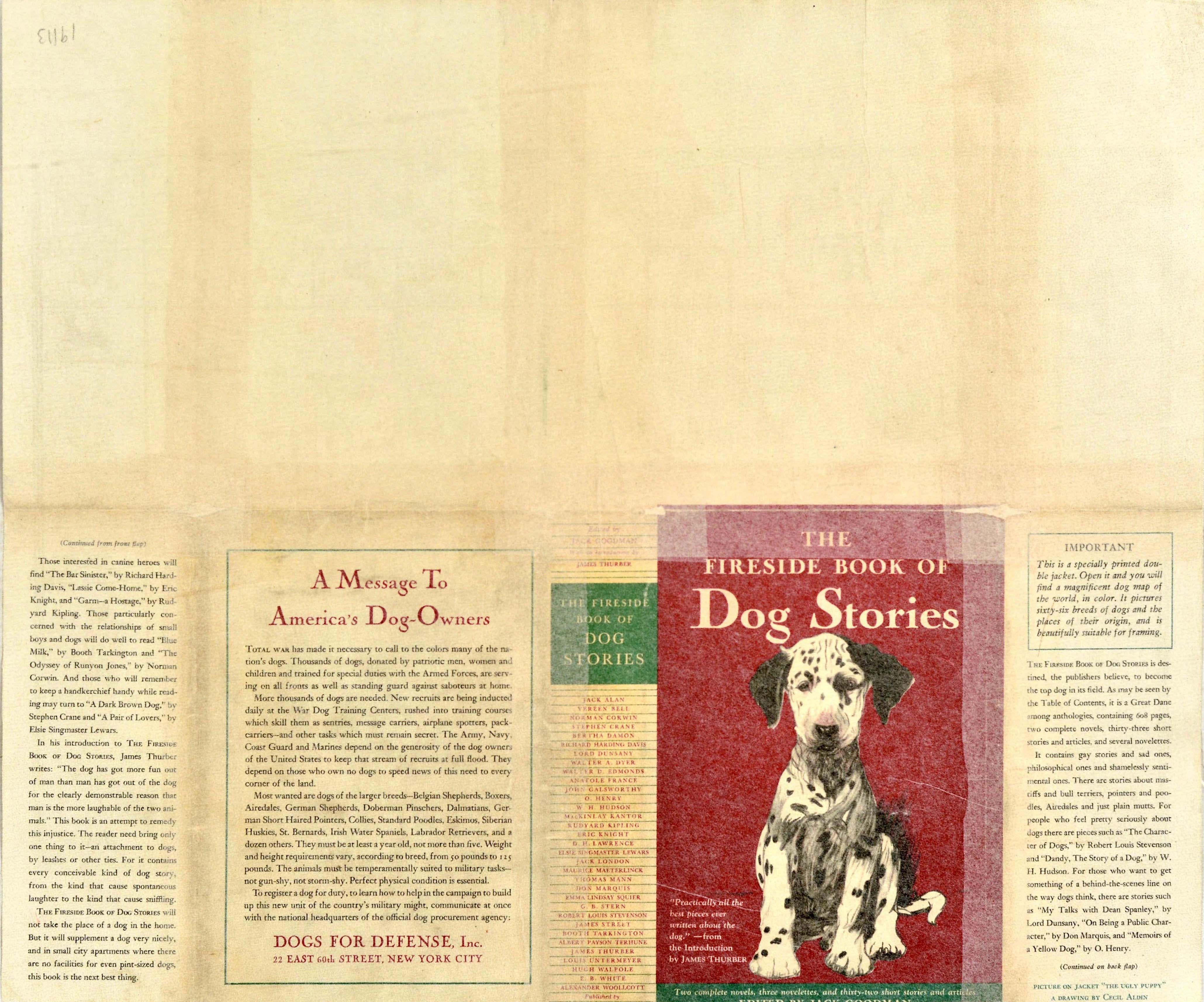 Poster cartografico originale d'epoca - Dog Map of the World - disegnato da Joseph Patterson Sims (1890-1953) con una mappa pittorica colorata con illustrazioni decorative, tra cui una bussola e una varietà di cani, oltre a un pannello informativo e