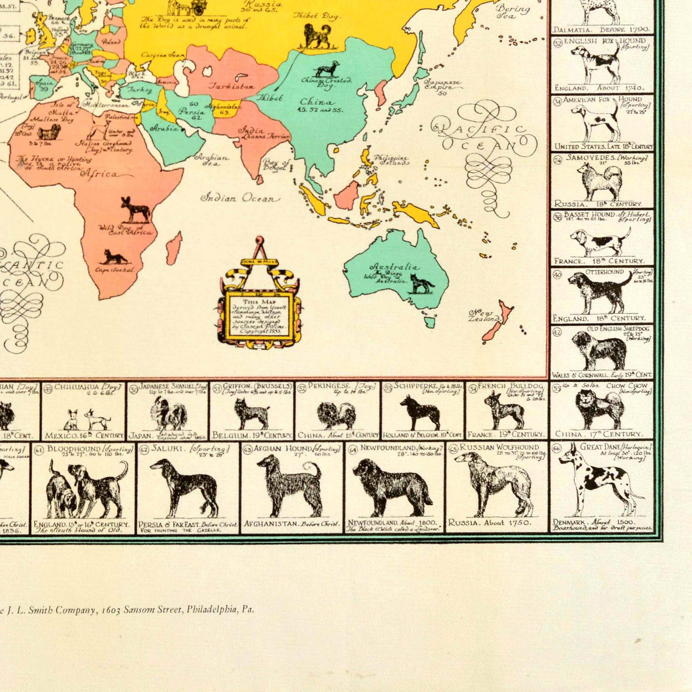 Carta Poster originale d'epoca Mappa del Mondo Canino Joseph Patterson Sims in vendita