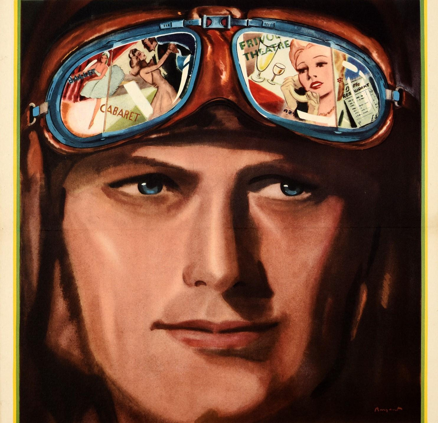 Original vintage poster, Don't Day-Dream / Keep your mind on the job and avoid accidents - featuring a great design depicting a young pilot wearing flying goggles on his head with images of a ballet dancer and a couple dancing together, a young lady