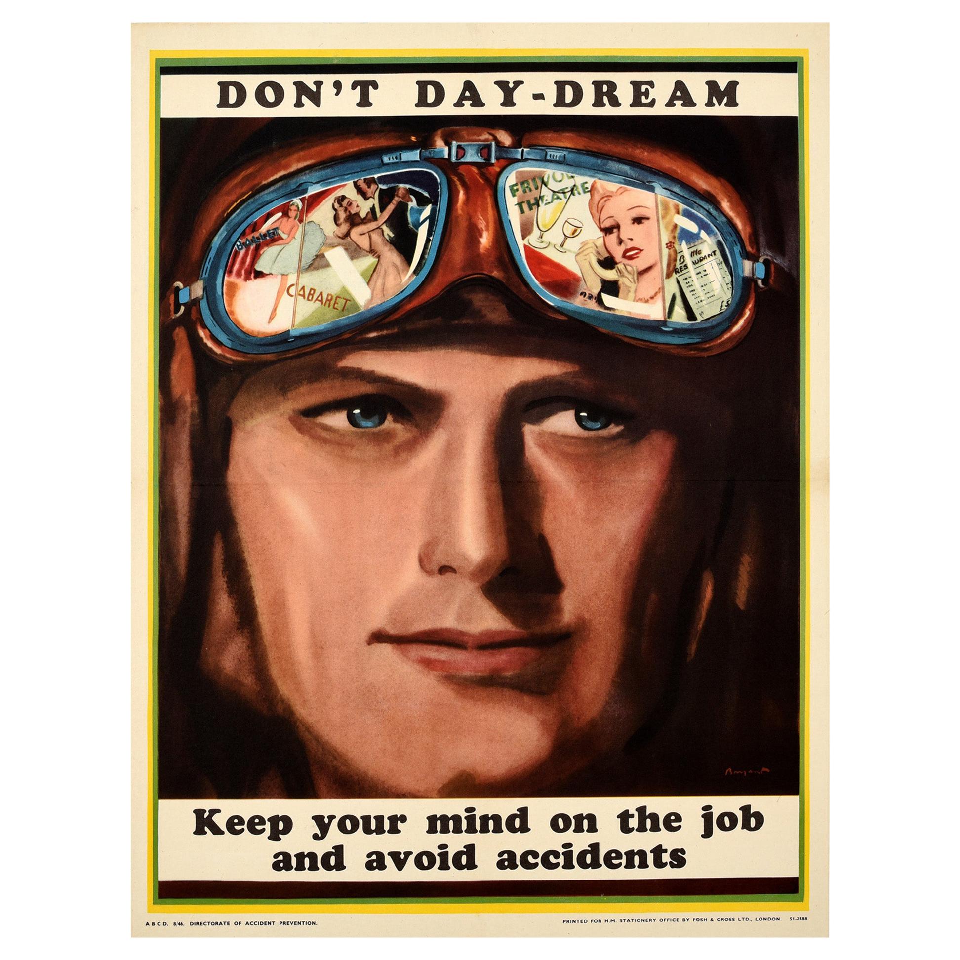 Original Vintage Poster Don't Day-Dream WWII Air Force Pilot Safety Propaganda